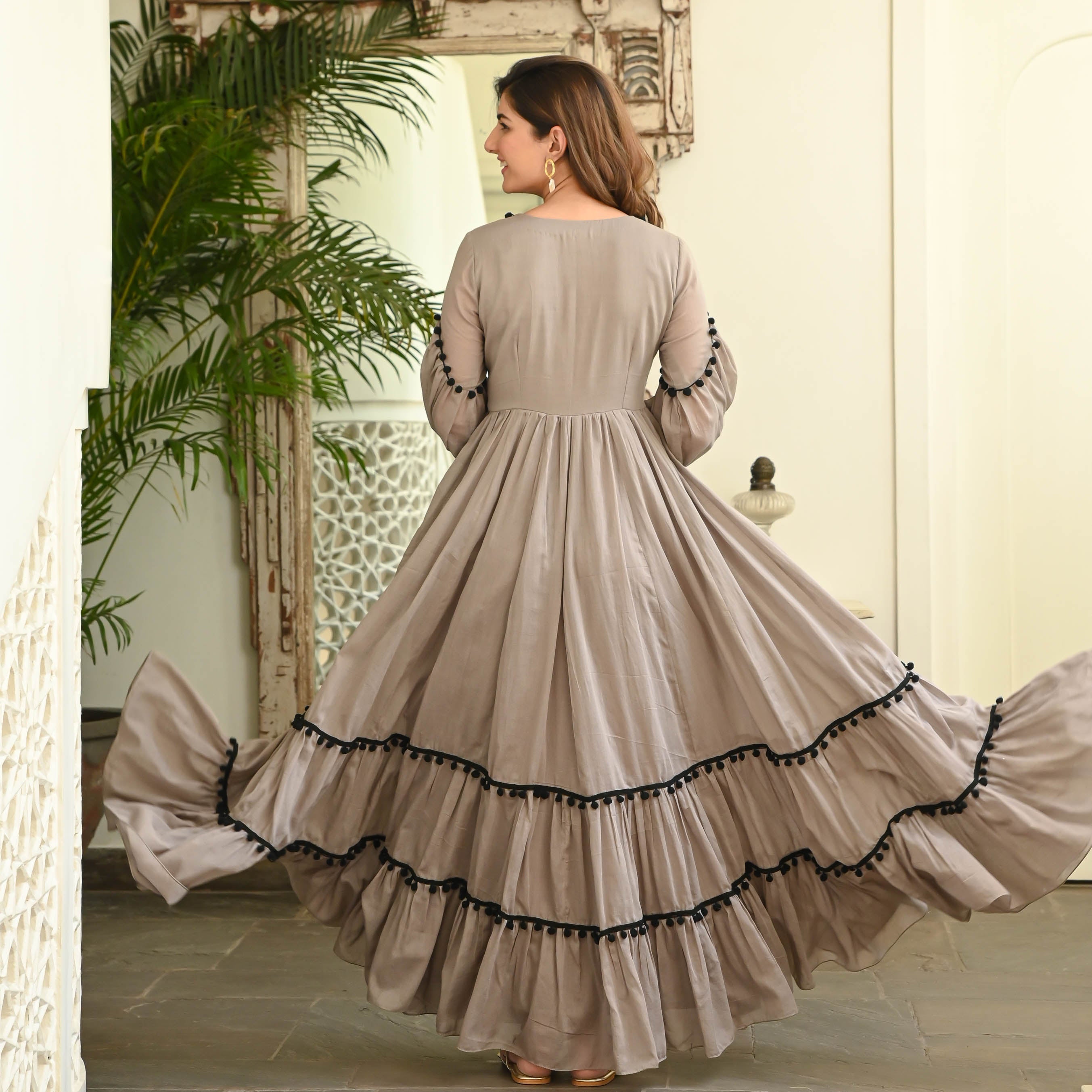 Bunaai Grey Black Pompom Cotton Dress