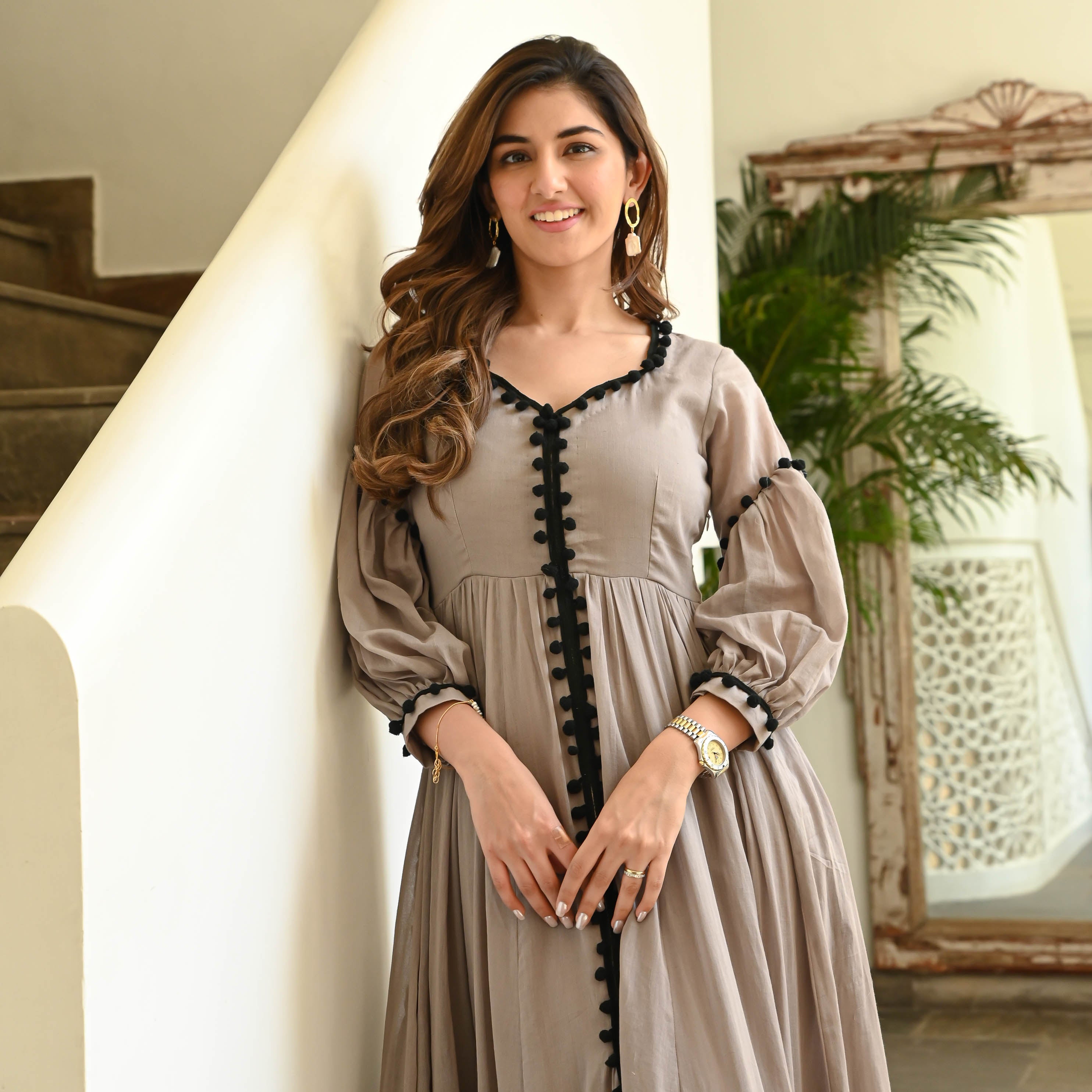 Bunaai Grey Black Pompom Cotton Dress