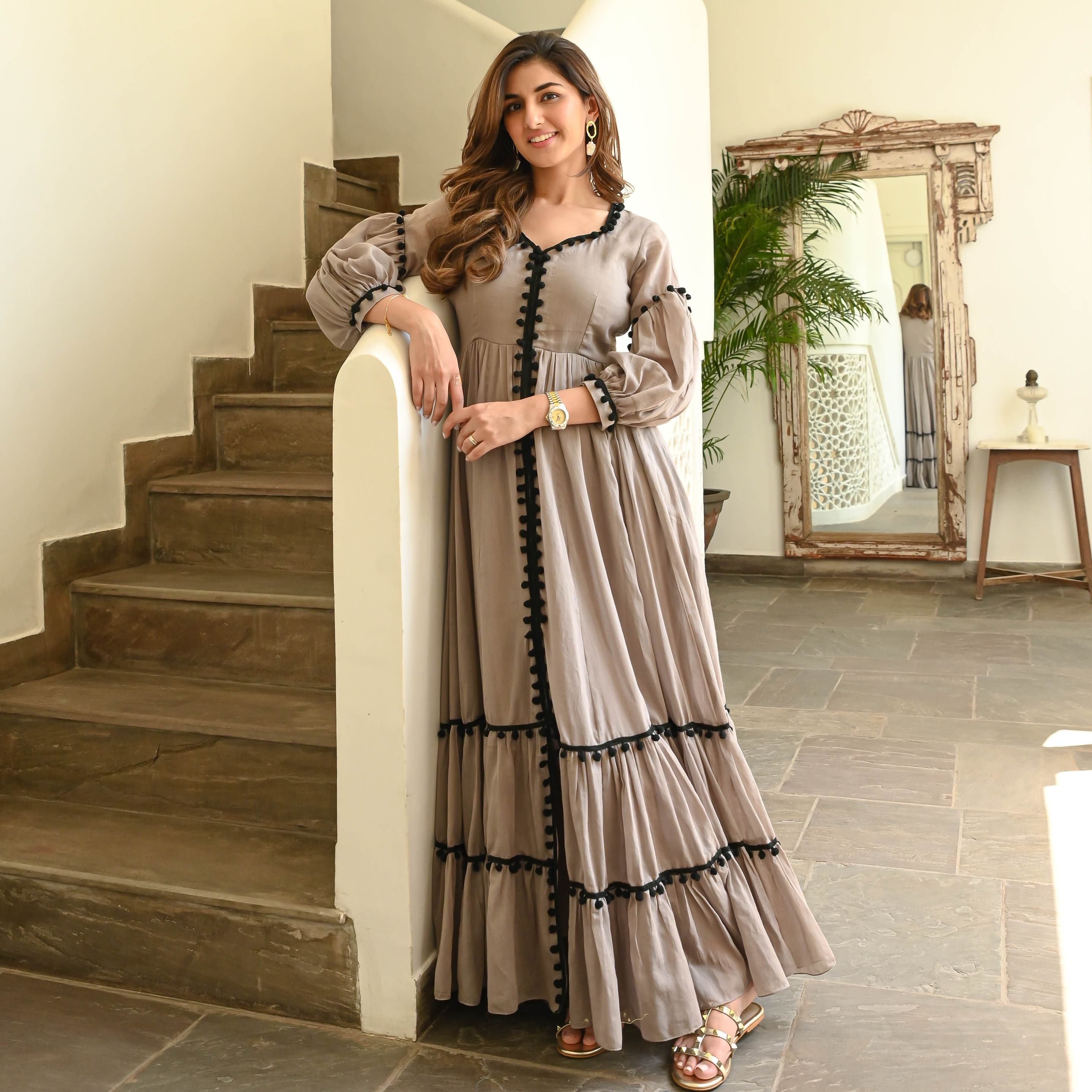 Bunaai Grey Black Pompom Cotton Dress