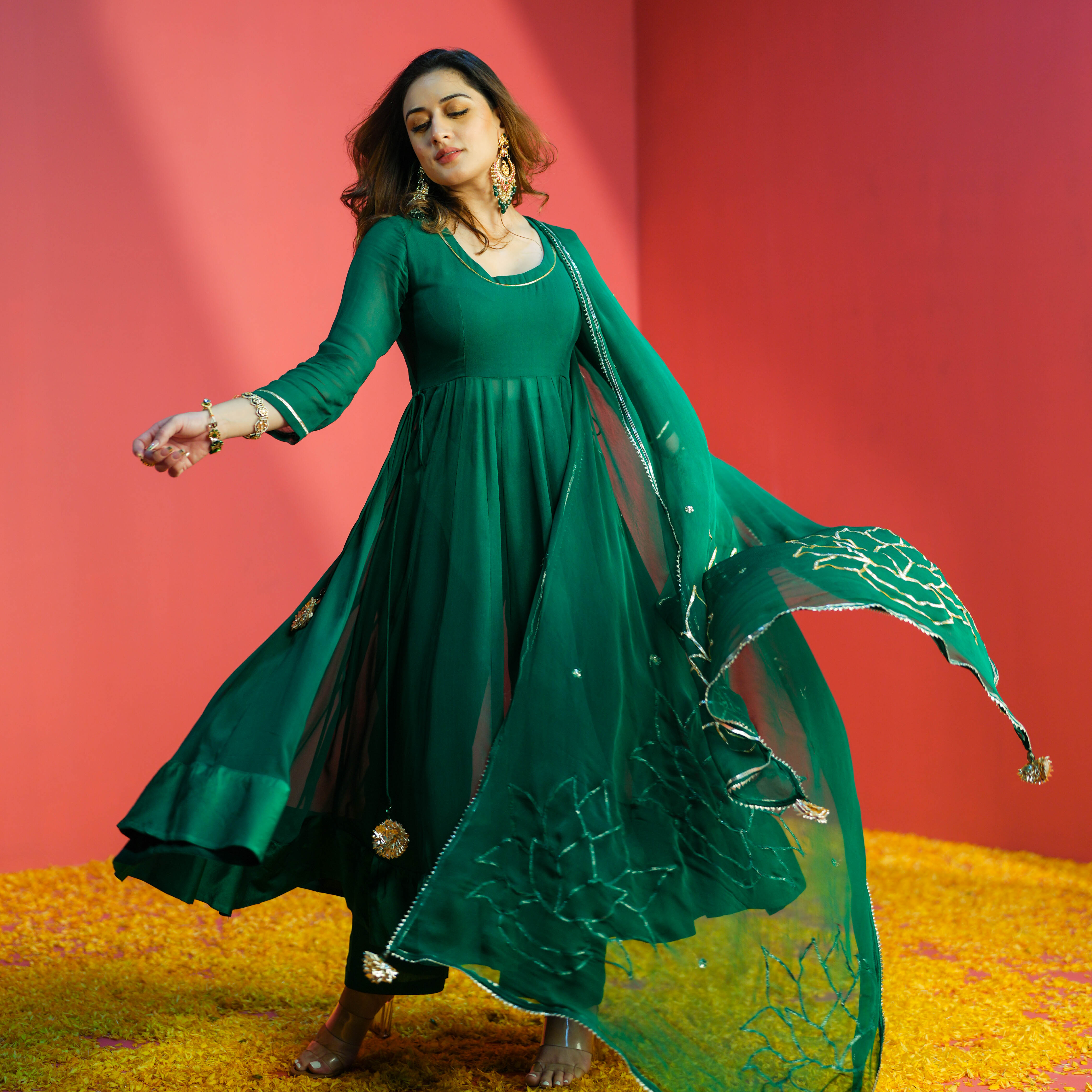 Bunaai Emerald Green Georgette Suit Set