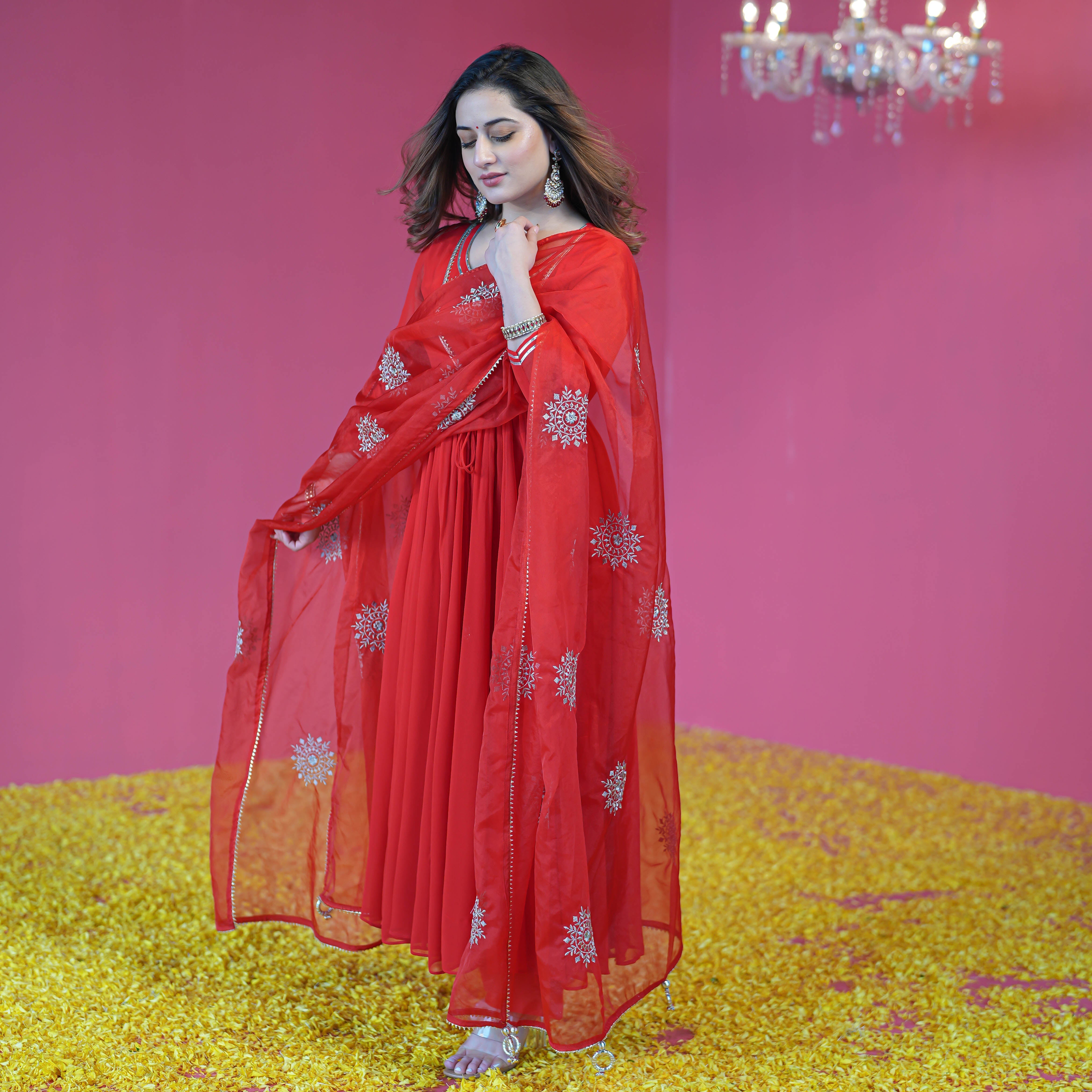 Bunaai Bright Red Georgette Suit Set