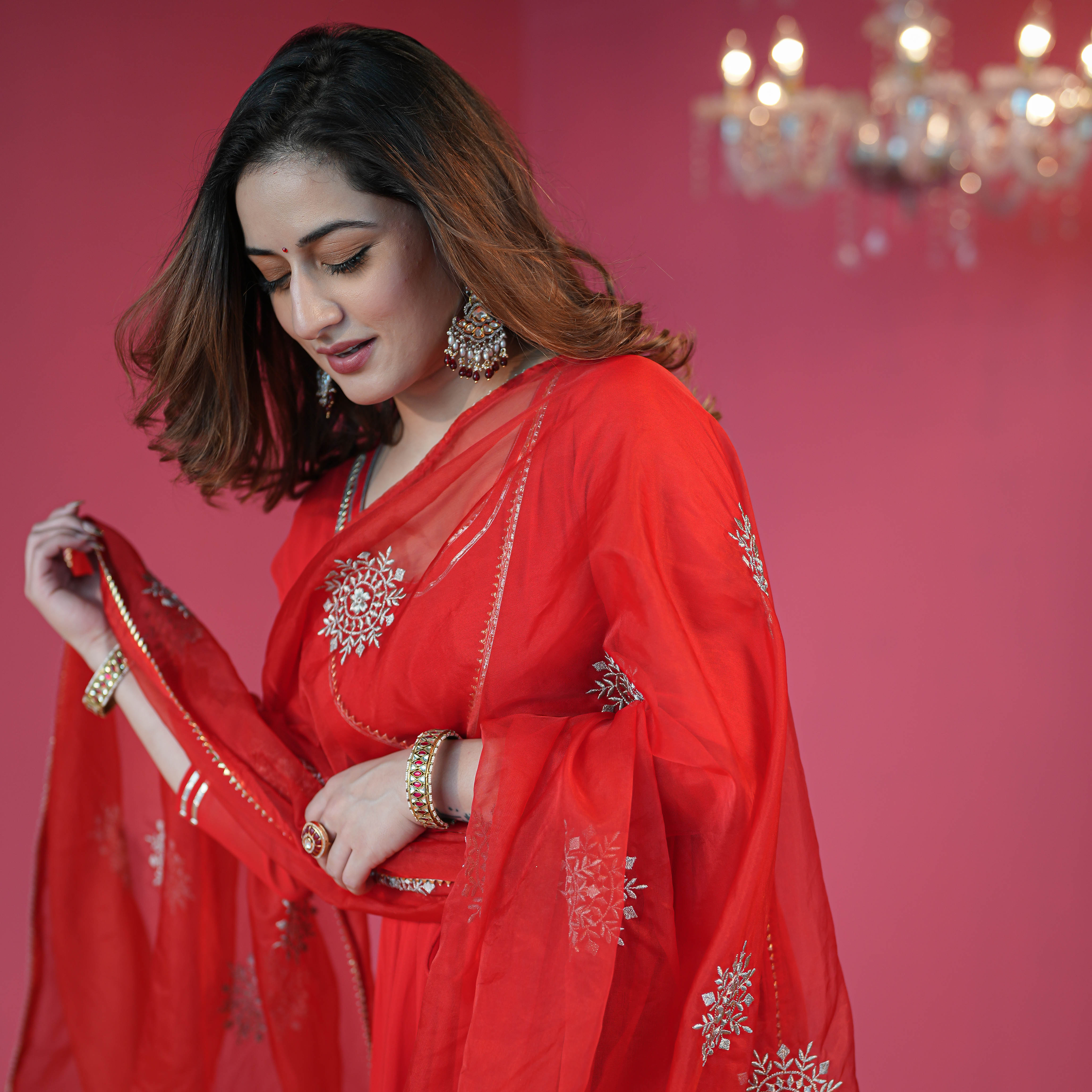 Bunaai Bright Red Georgette Suit Set