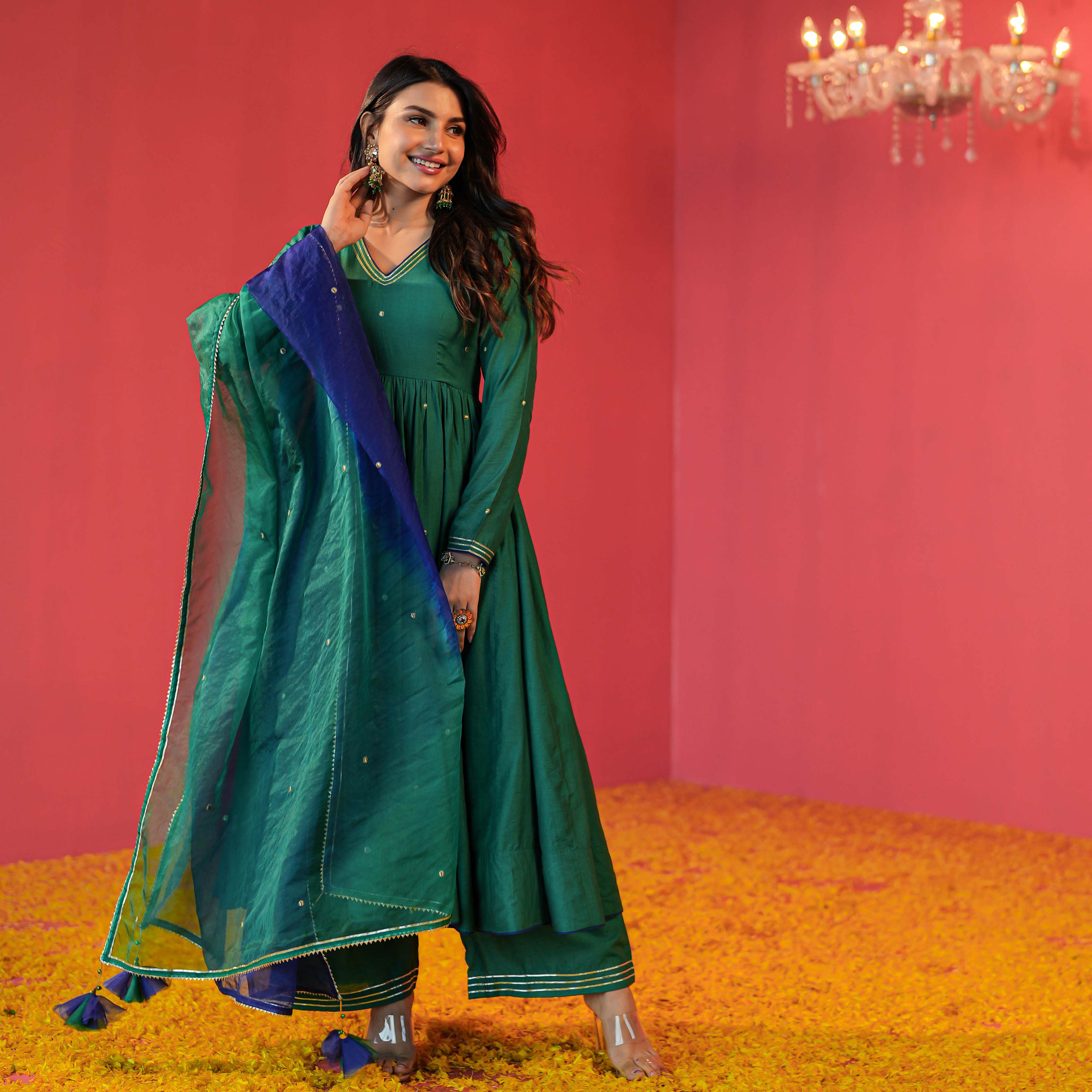 Green Chanderi Suit with Organza Dupatta