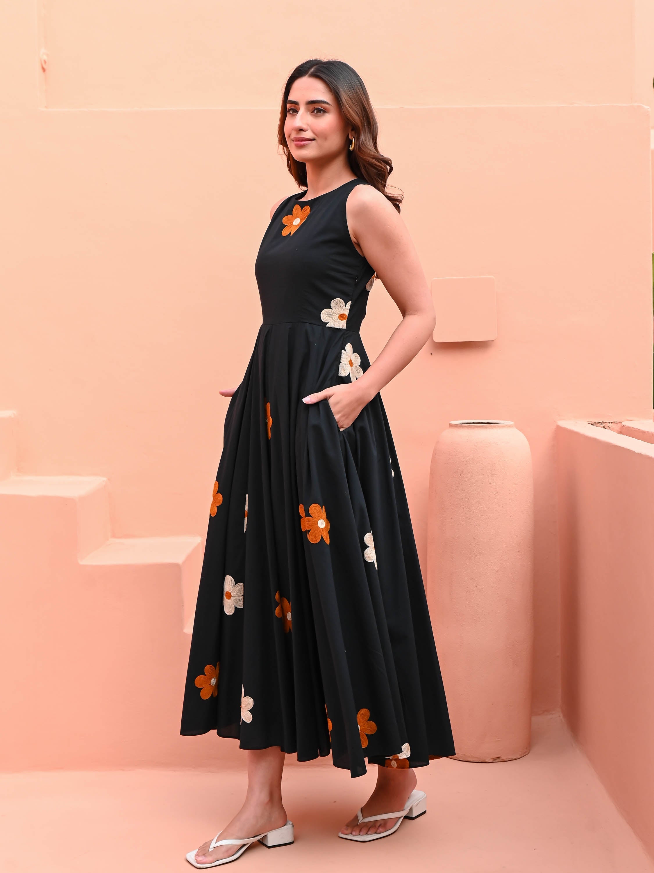 Black Dress with Floral Embroidery