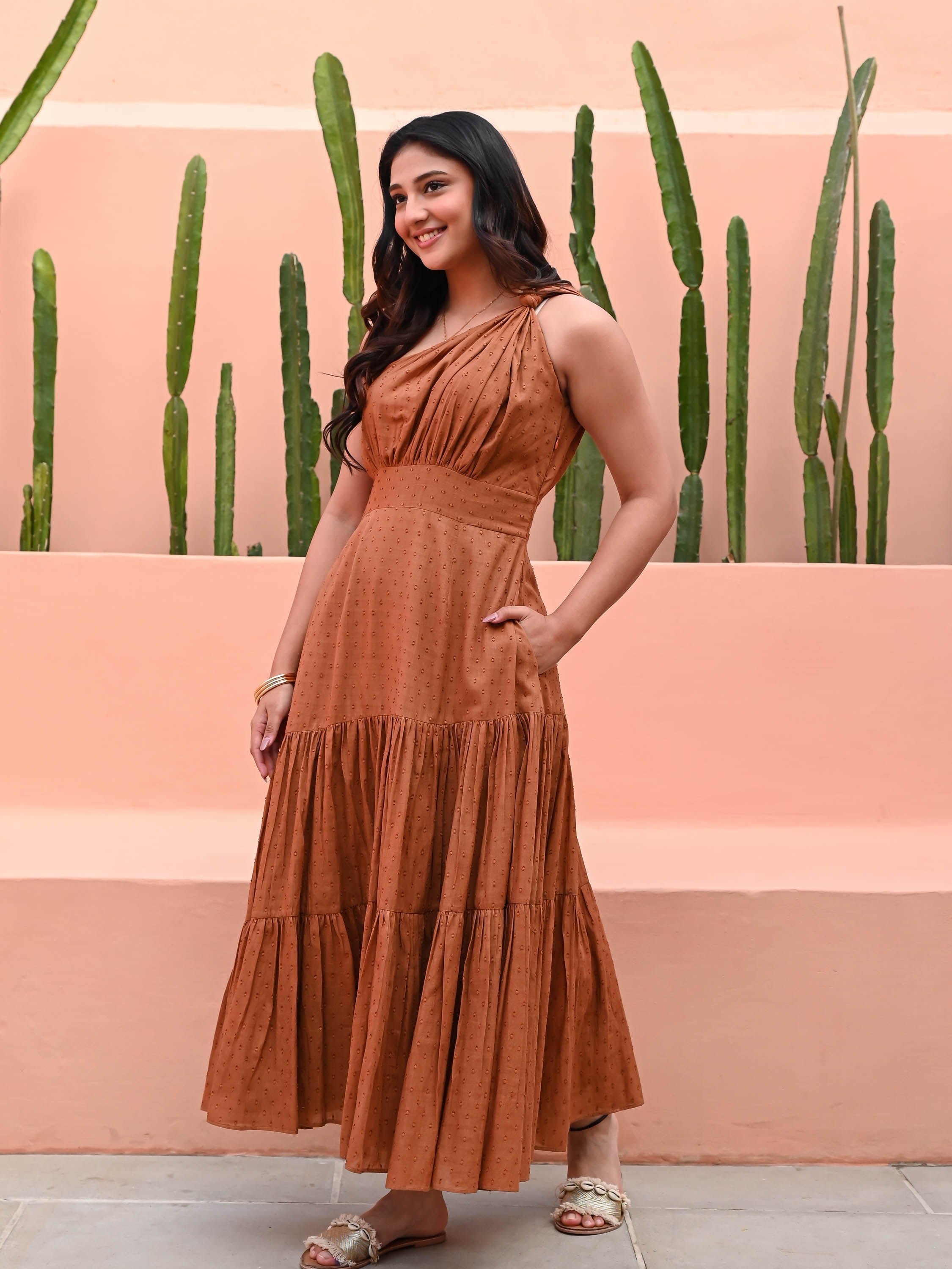 Brown One Shoulder Cotton Dress
