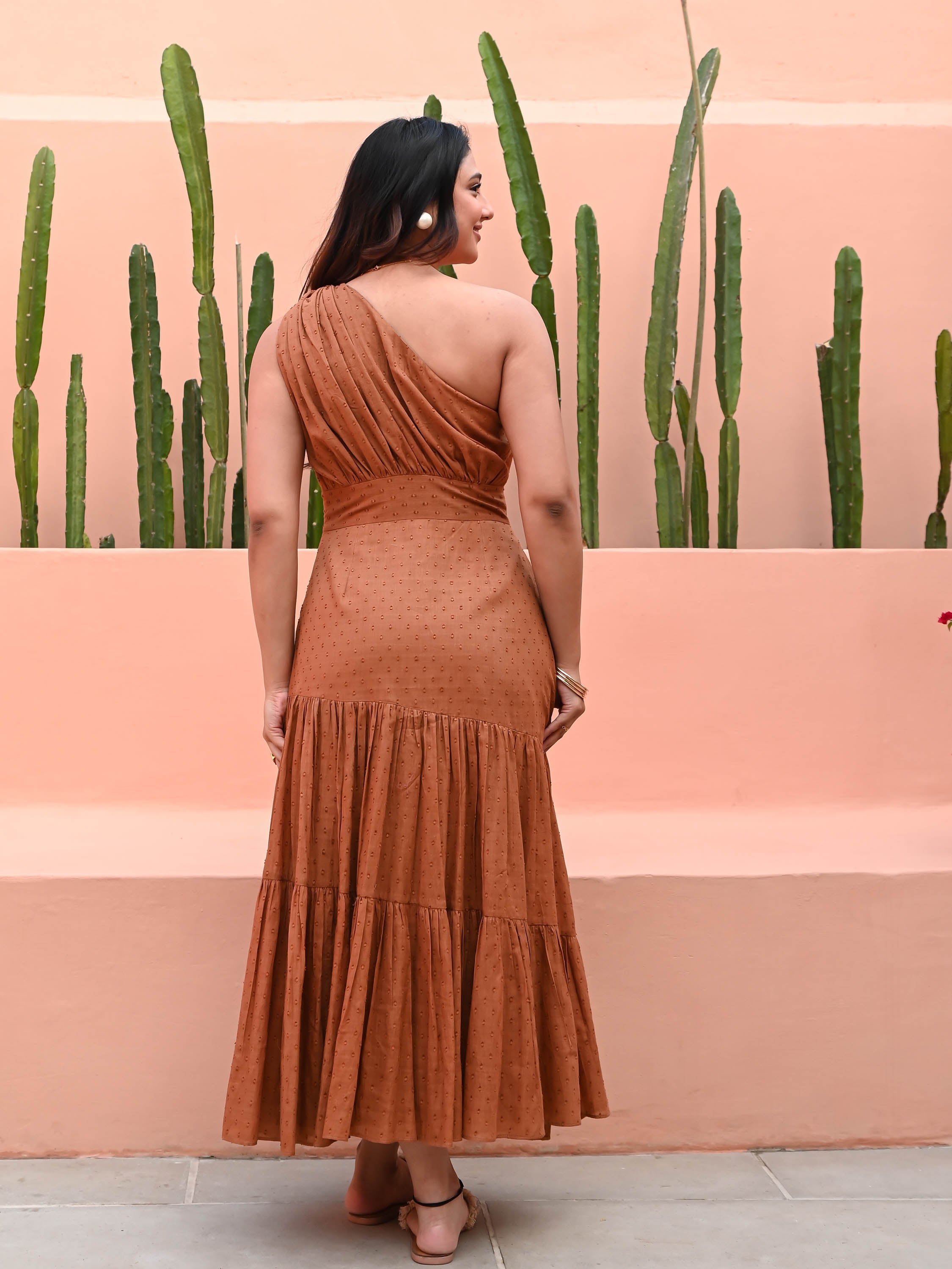 Brown One Shoulder Cotton Dress