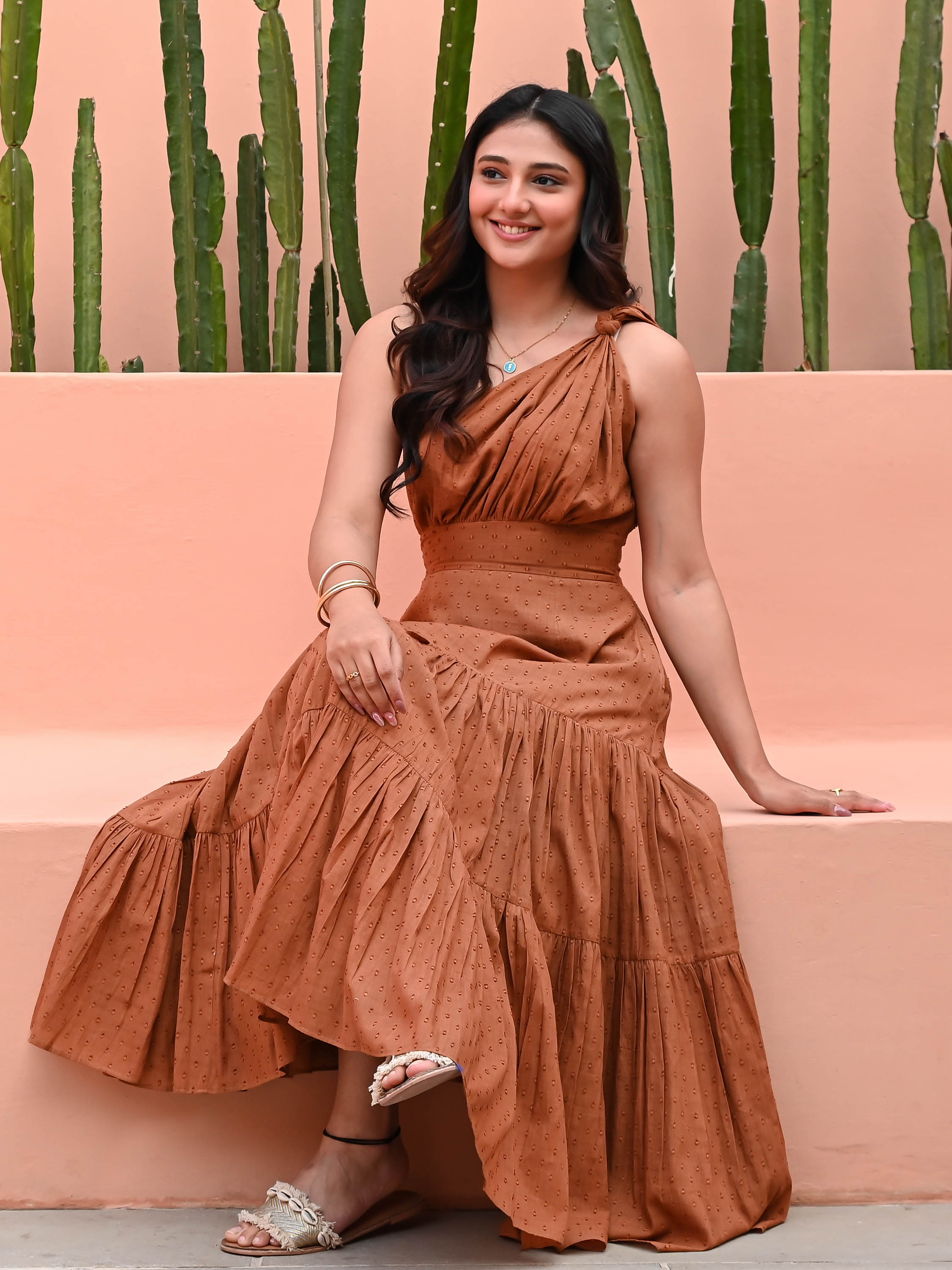 Brown One Shoulder Cotton Dress