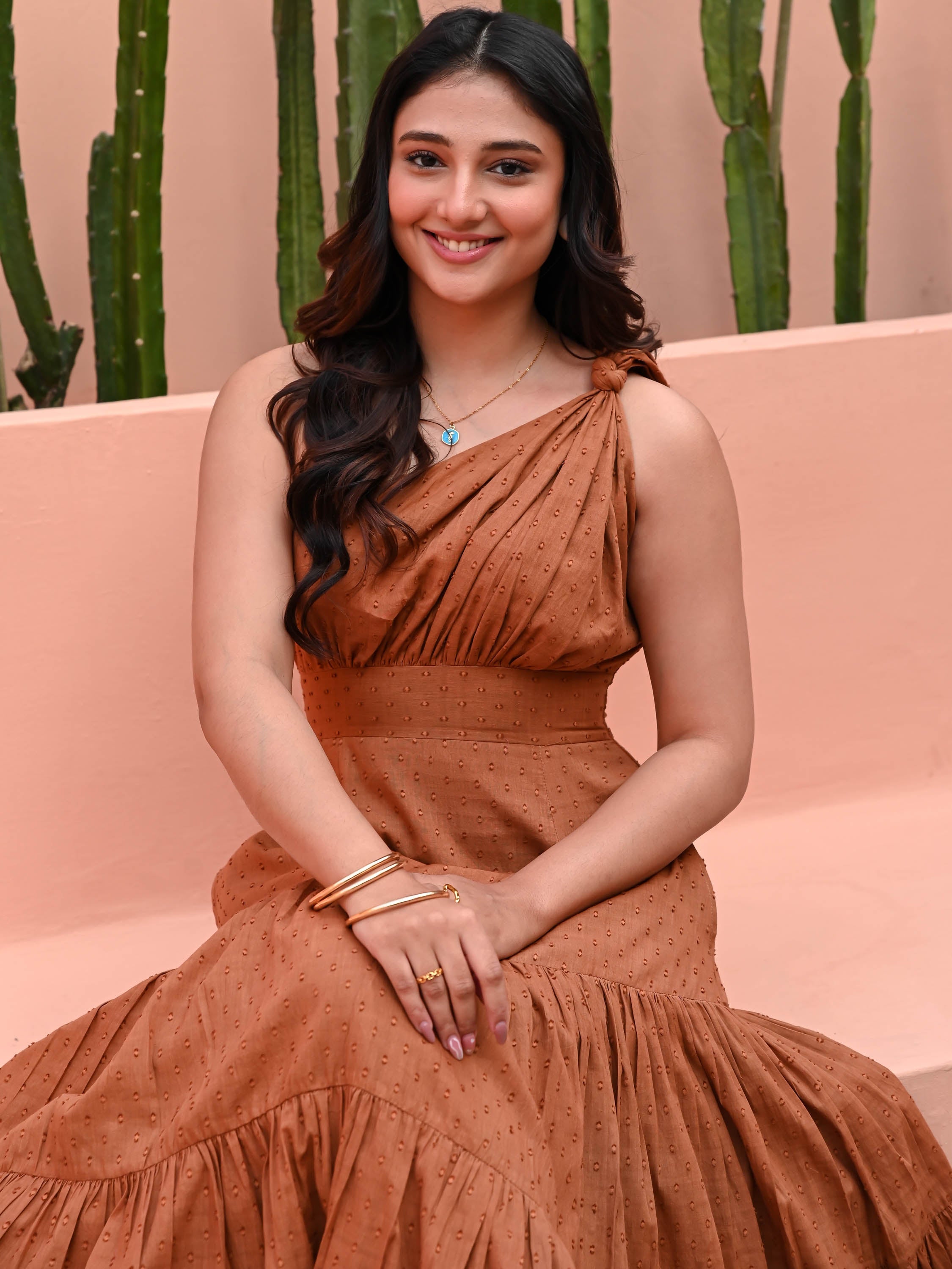 Brown One Shoulder Cotton Dress