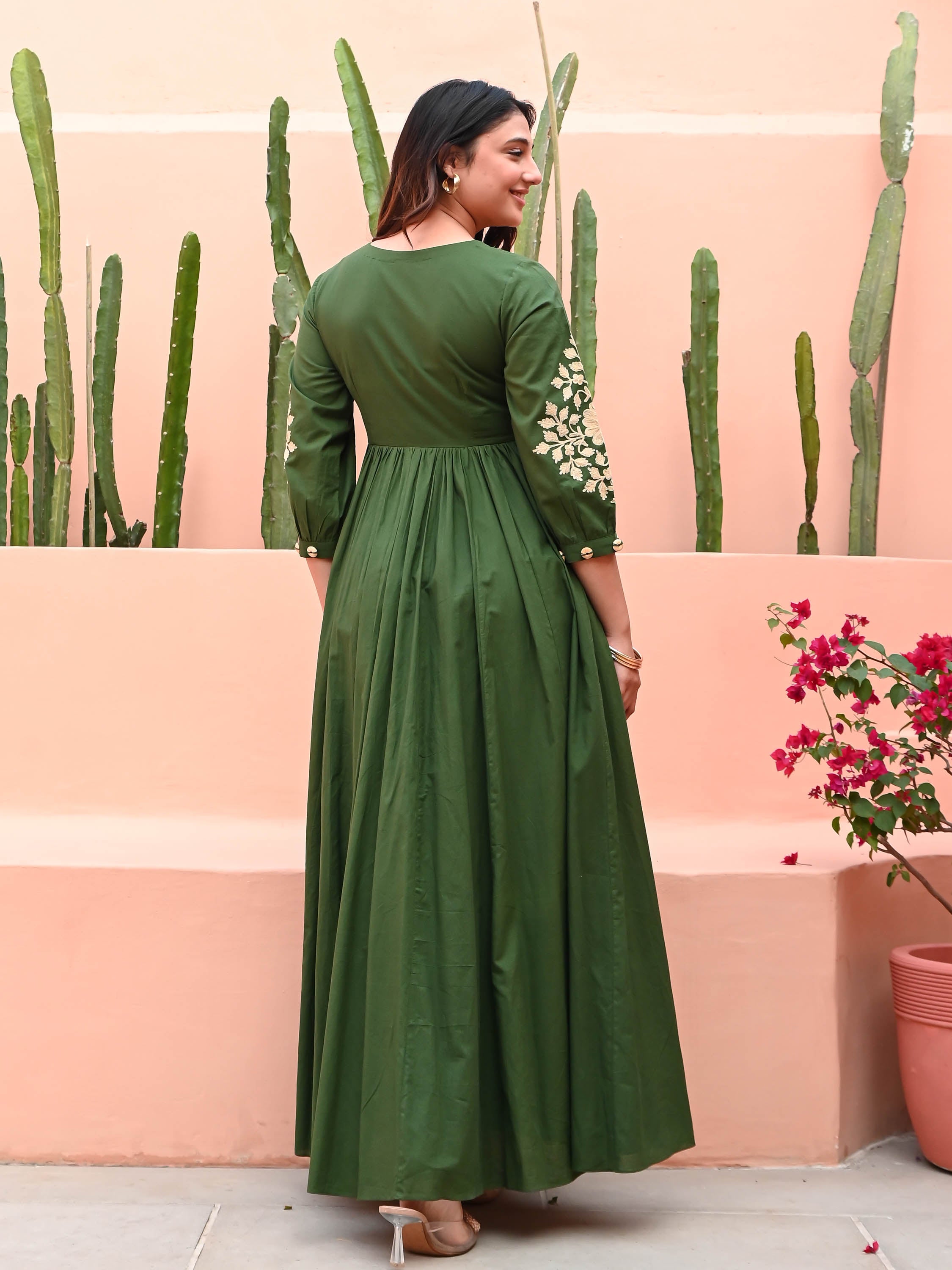 Dark Green Dress with Embroidery