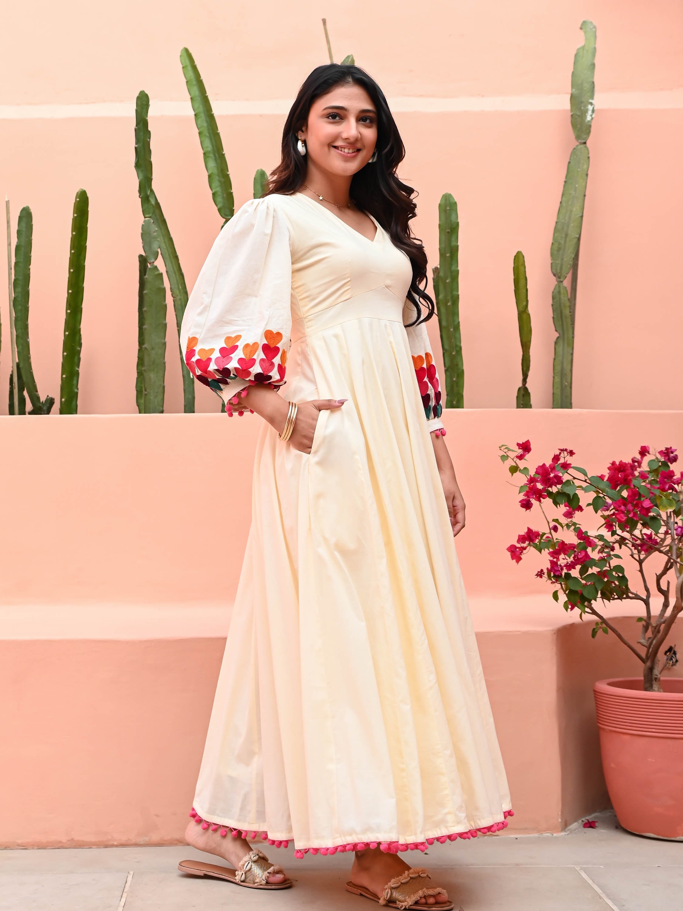 Offwhite Embroidered Cotton Dress