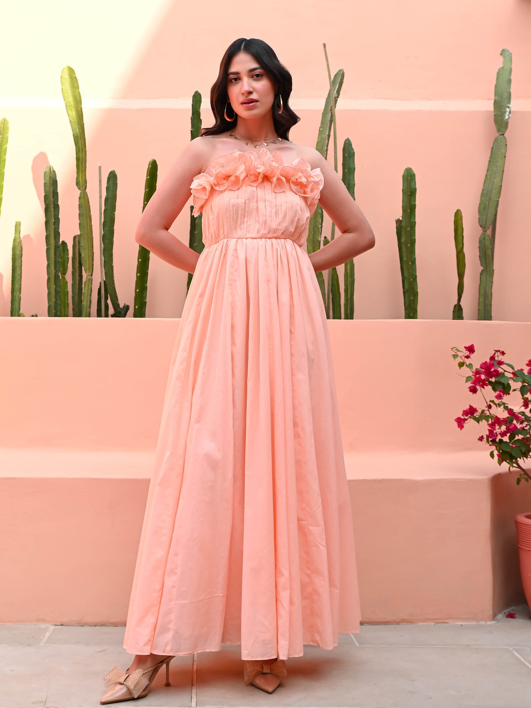 Peach Ruffles Cotton Dress