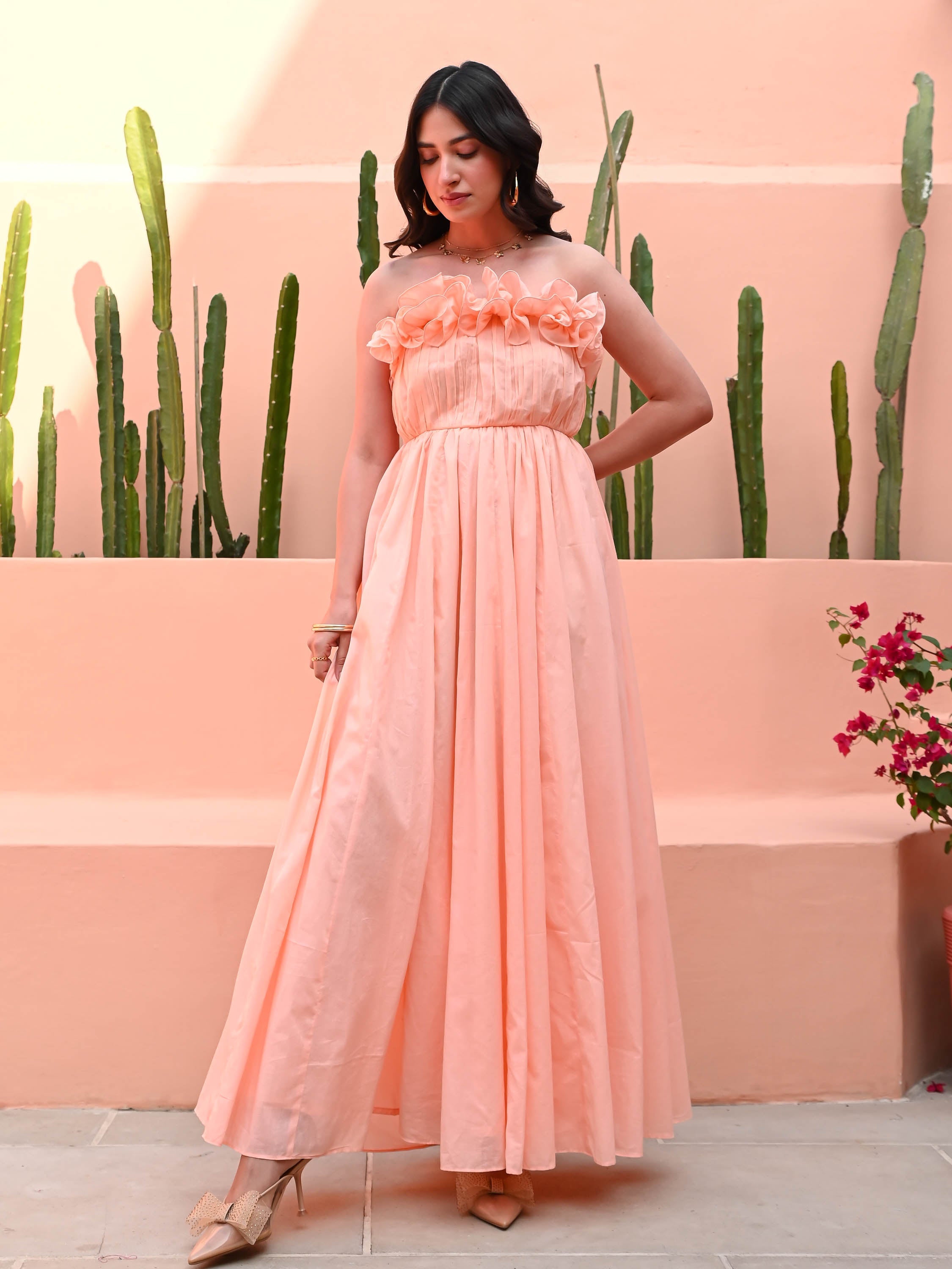 Peach Ruffles Cotton Dress