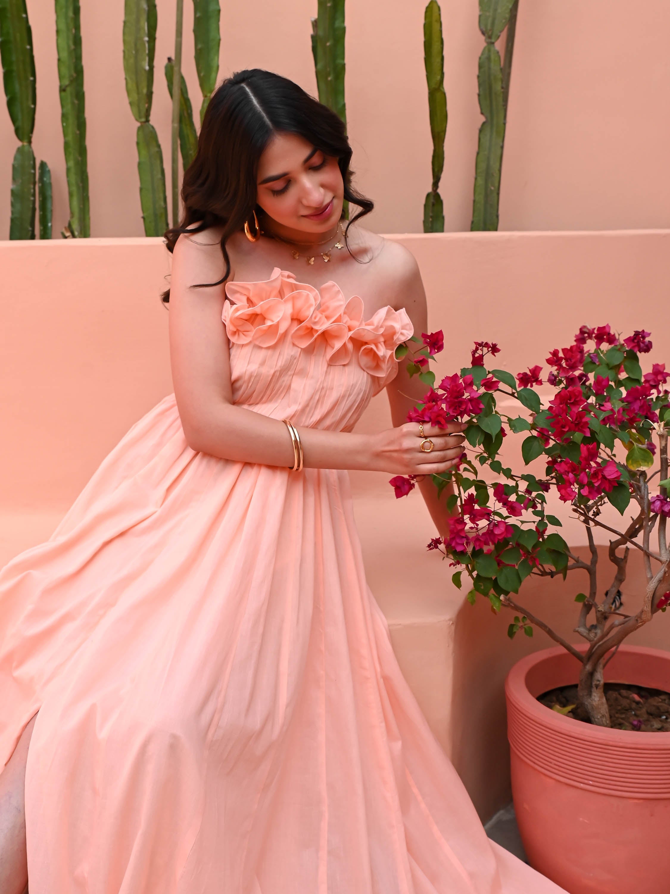 Peach Ruffles Cotton Dress