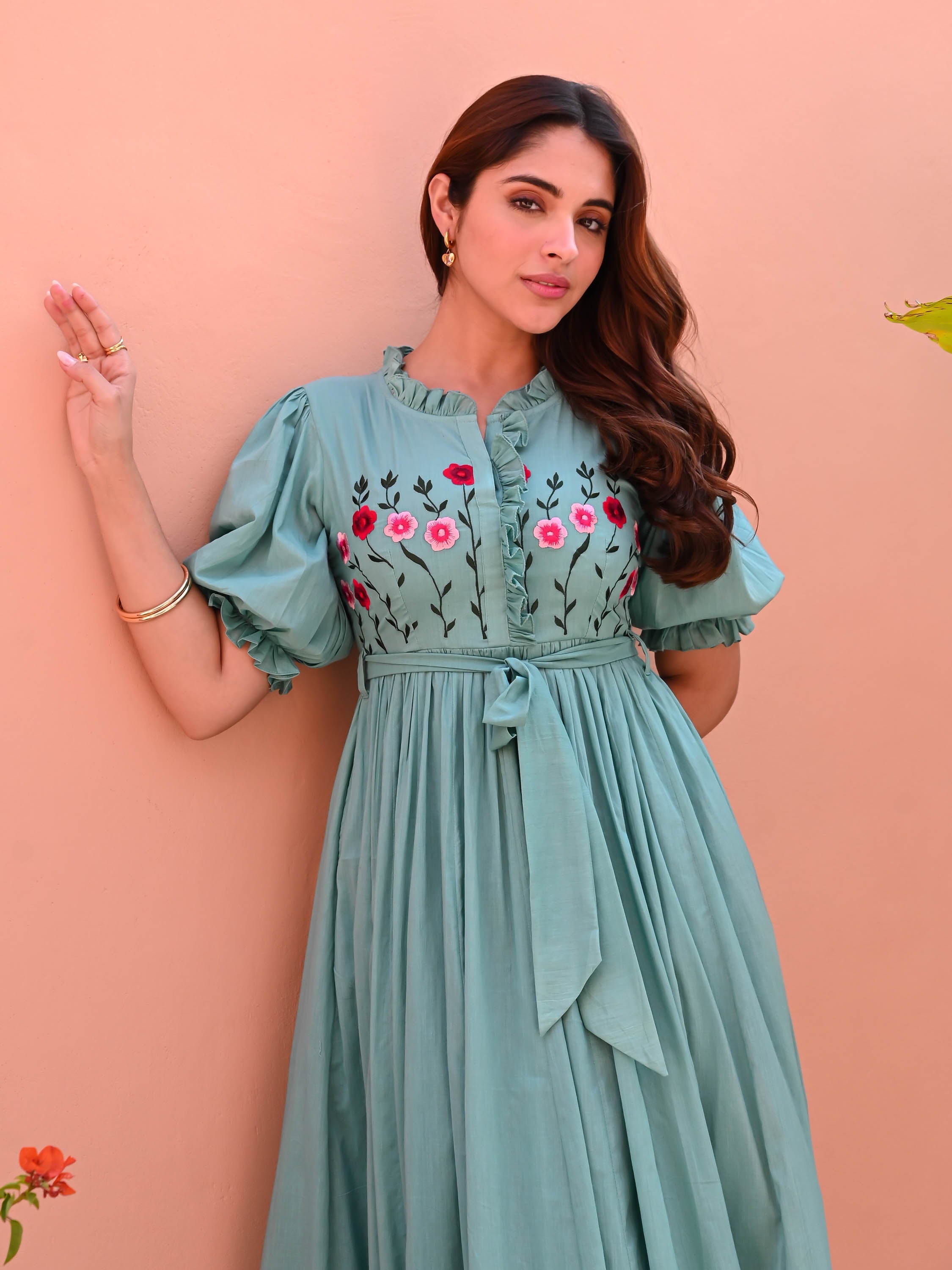 Mint Embroidered Cotton Dress