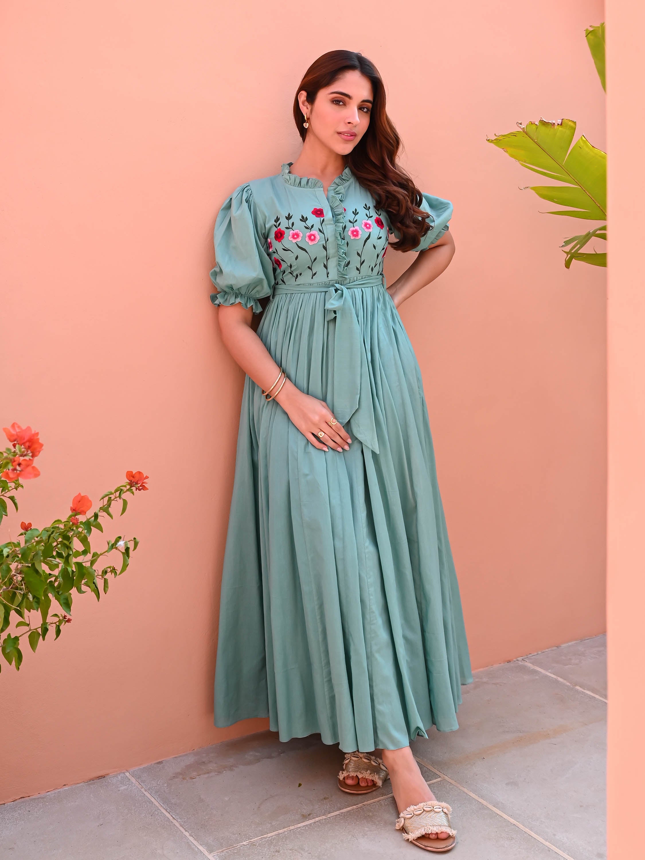Mint Embroidered Cotton Dress