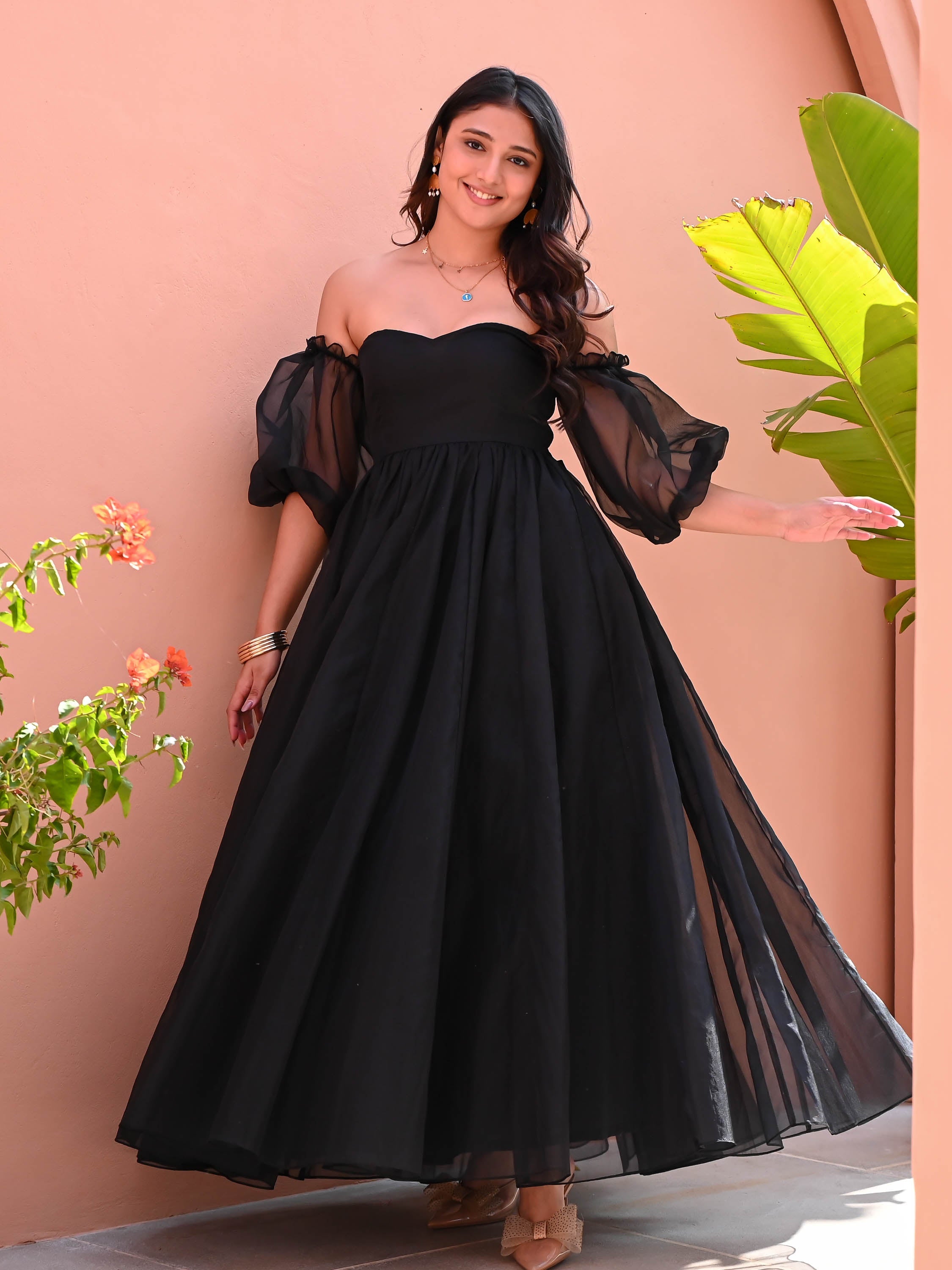 Off Shoulder Black Organza Dress