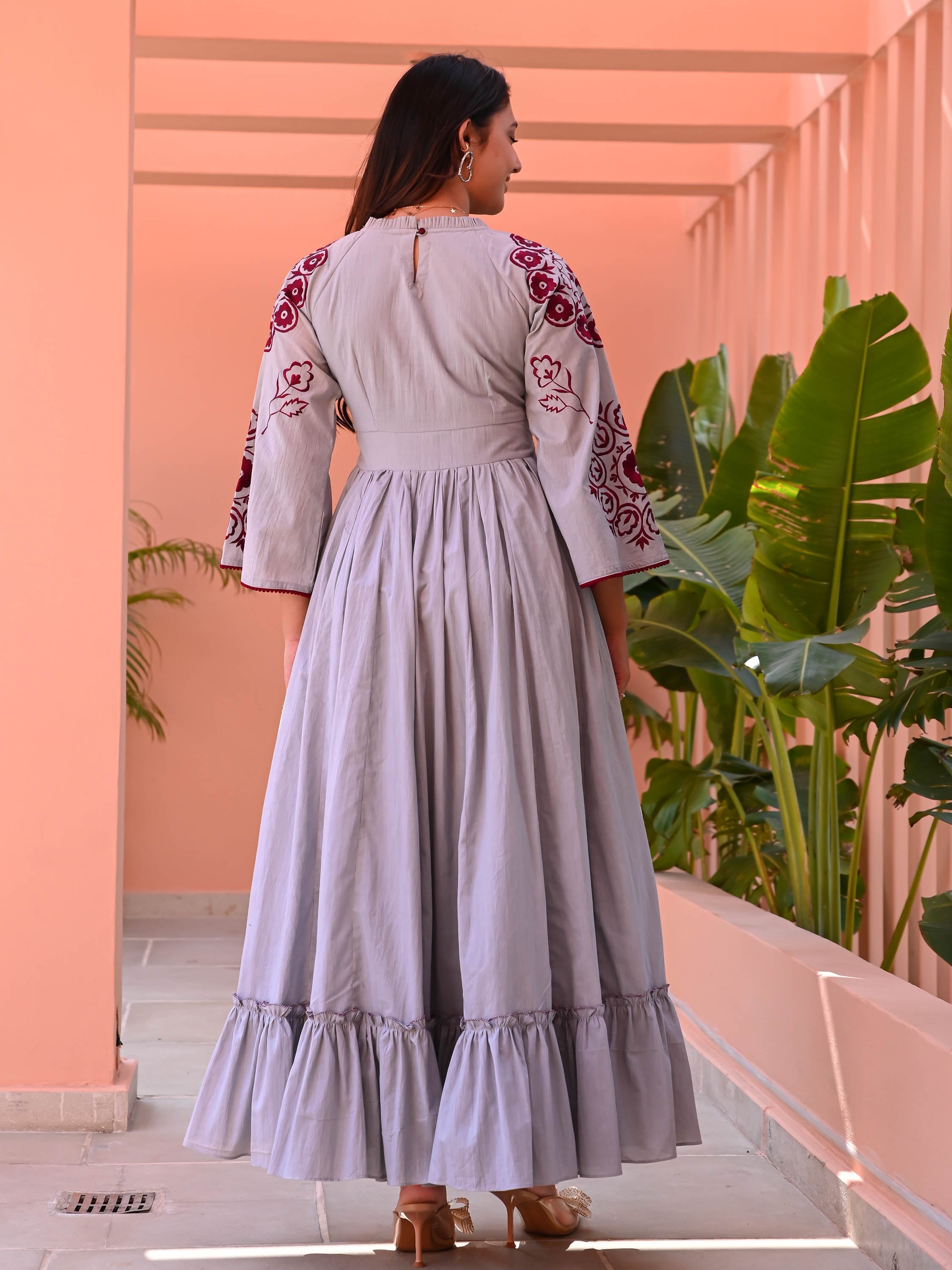 Grey Maroon Embroidered Cotton Dress