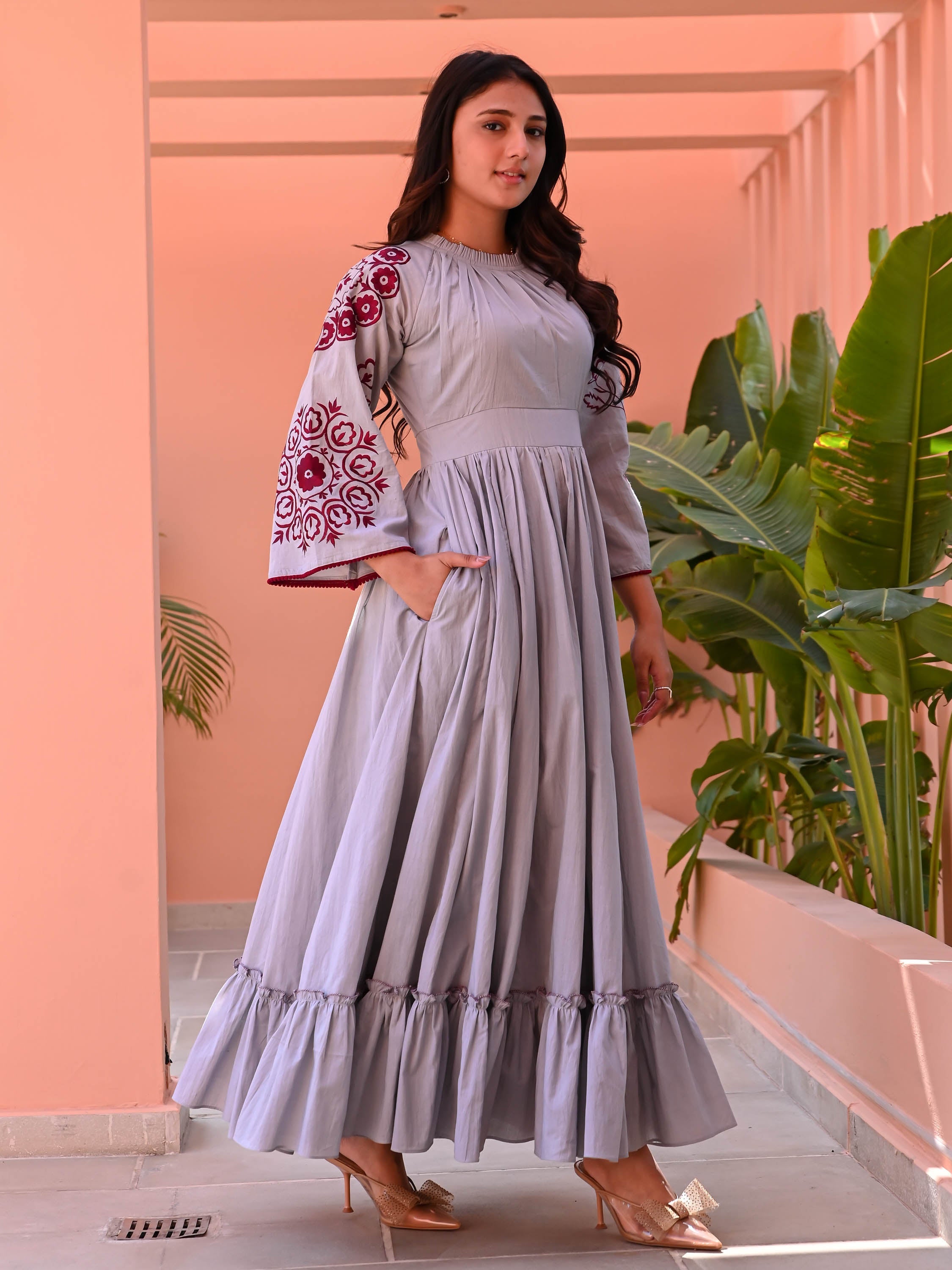 Grey Maroon Embroidered Cotton Dress