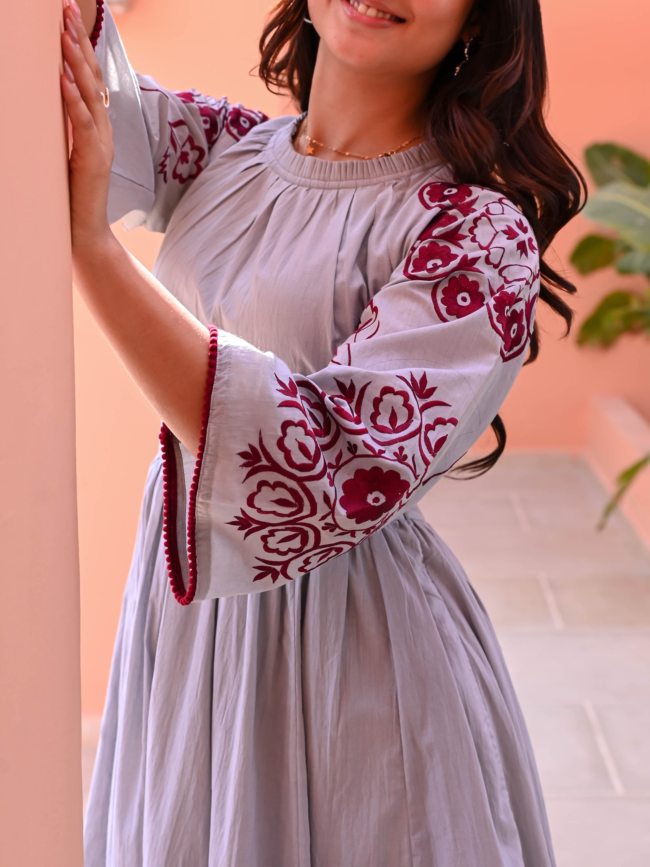 Grey Maroon Embroidered Cotton Dress