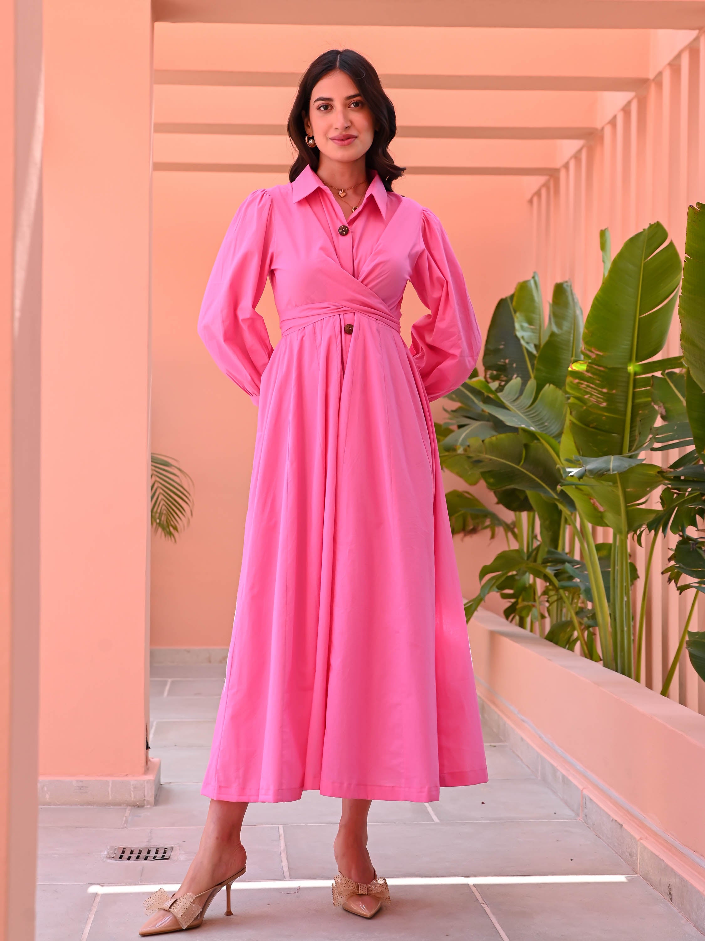Bubblegum Pink Cotton Shirt Dress