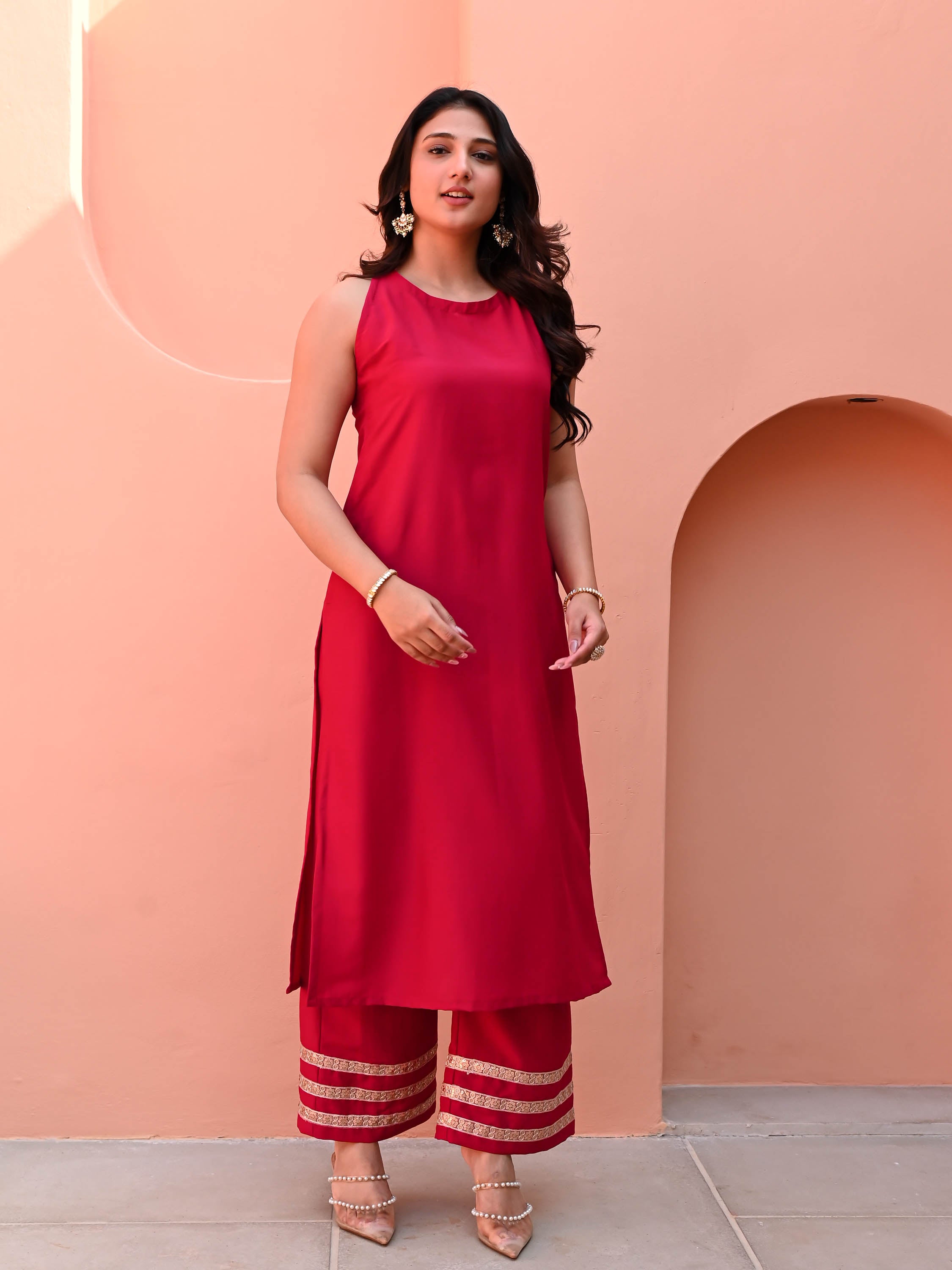 Red Cut Sleeves Kurta Set