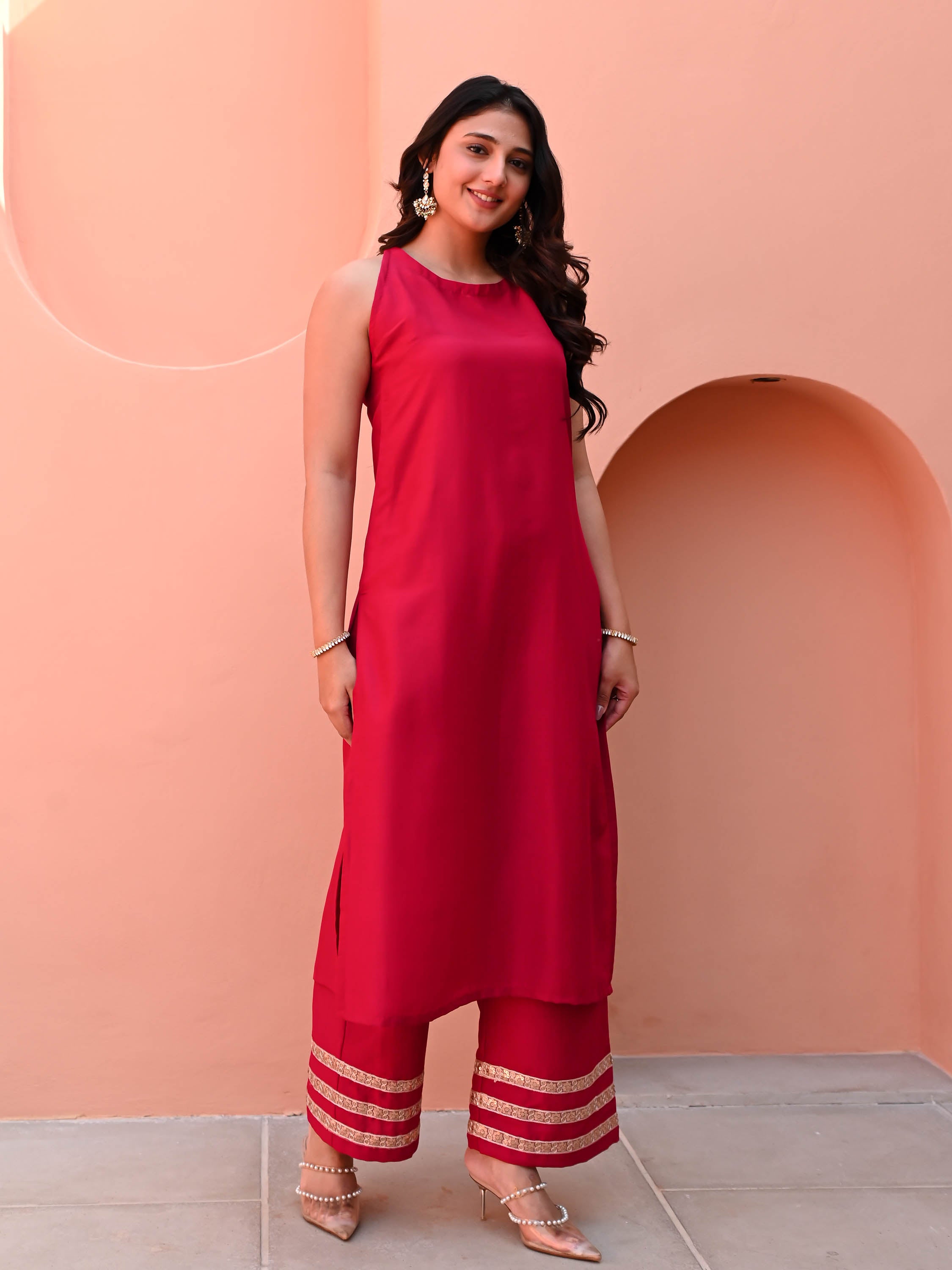 Red Cut Sleeves Kurta Set