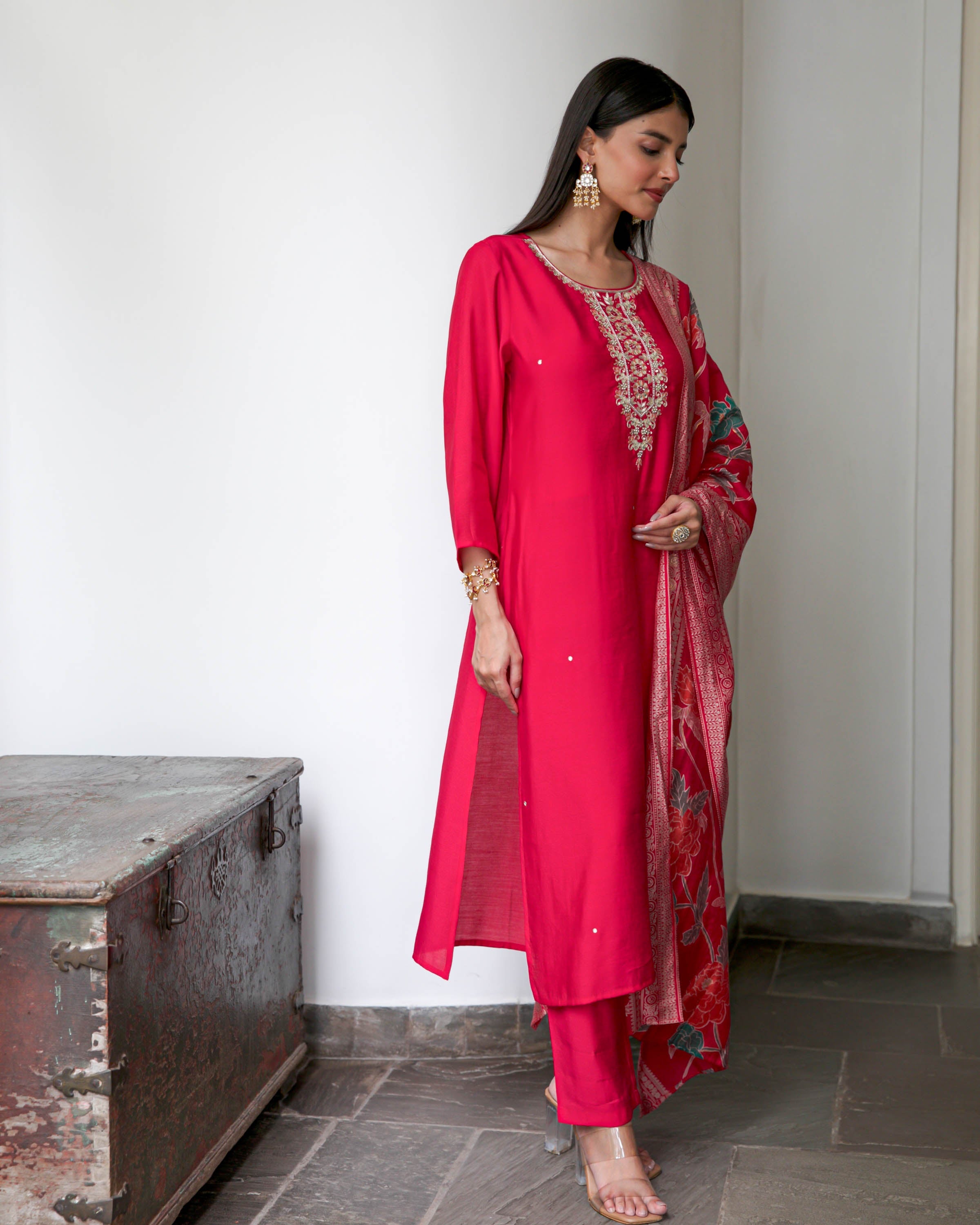 Hot Pink Embroidered Suit Set