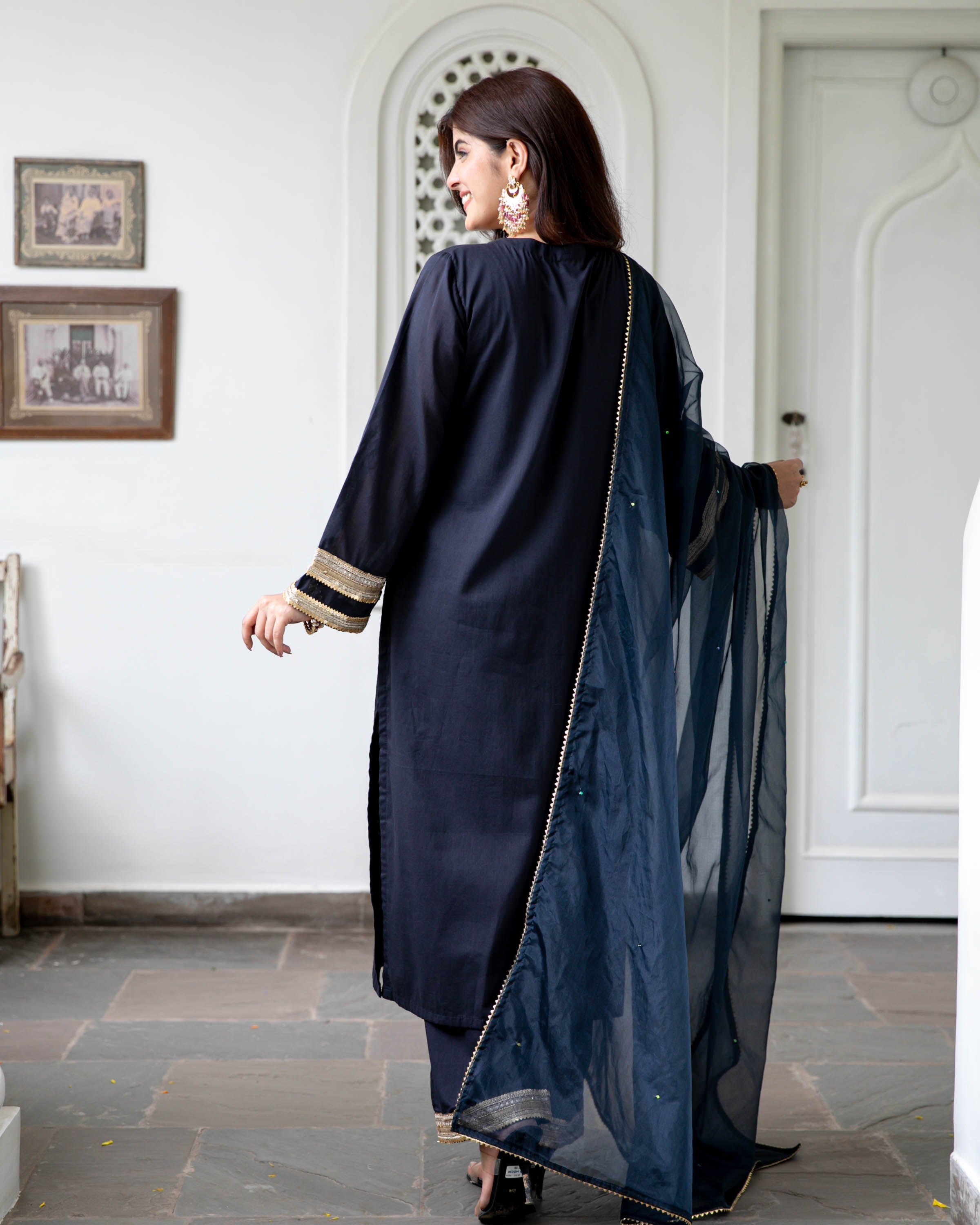 Black Cotton Suit Set with Organza Dupatta