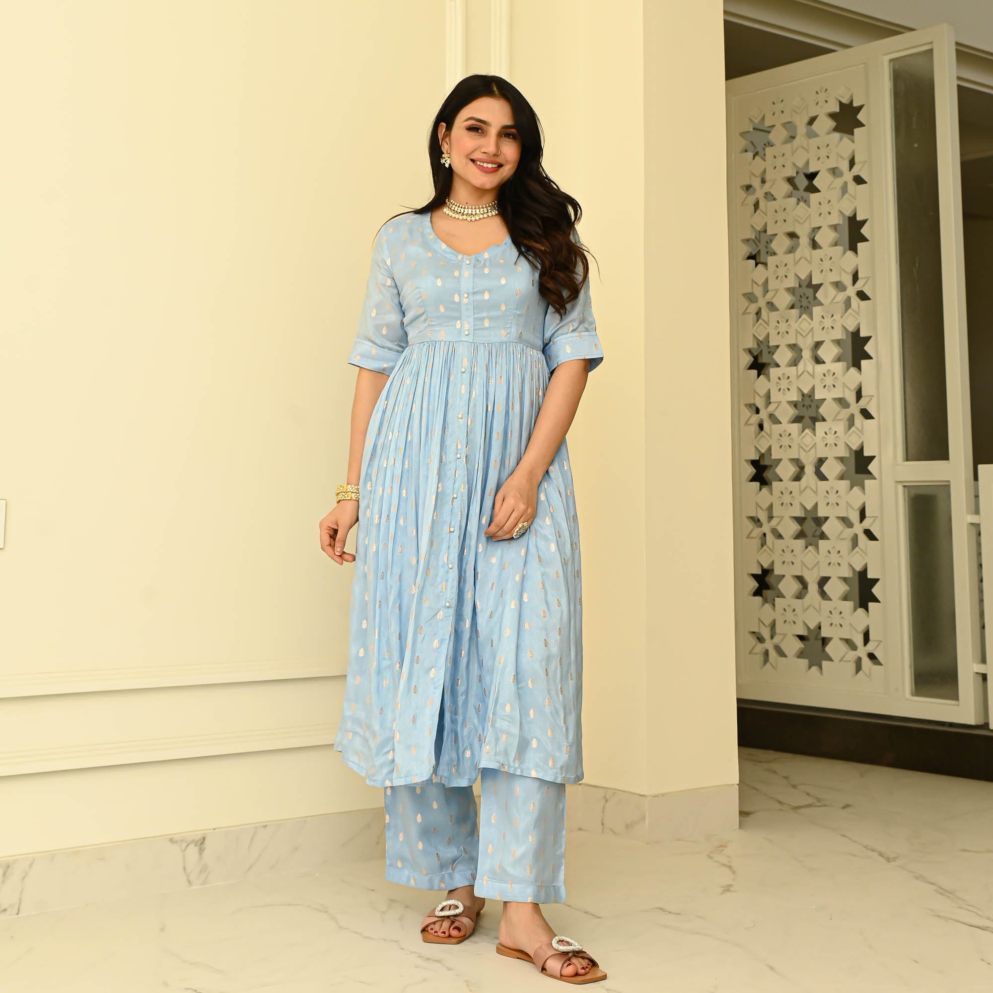 Bunaai Powder Blue Silk Coord Set