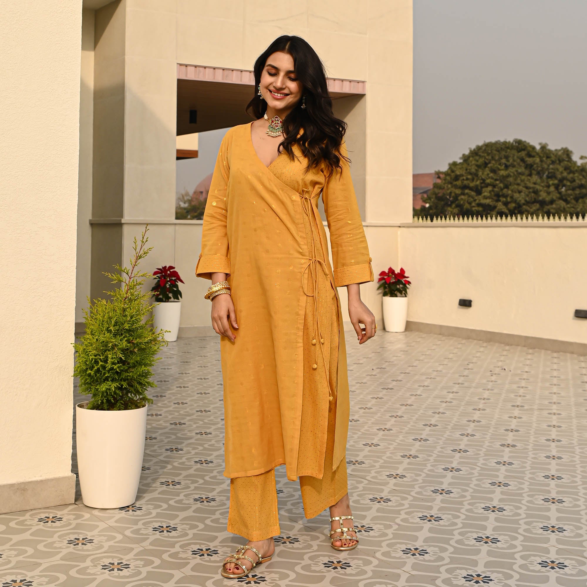 Bunaai Rust Yellow Cotton Lurex Coord Set