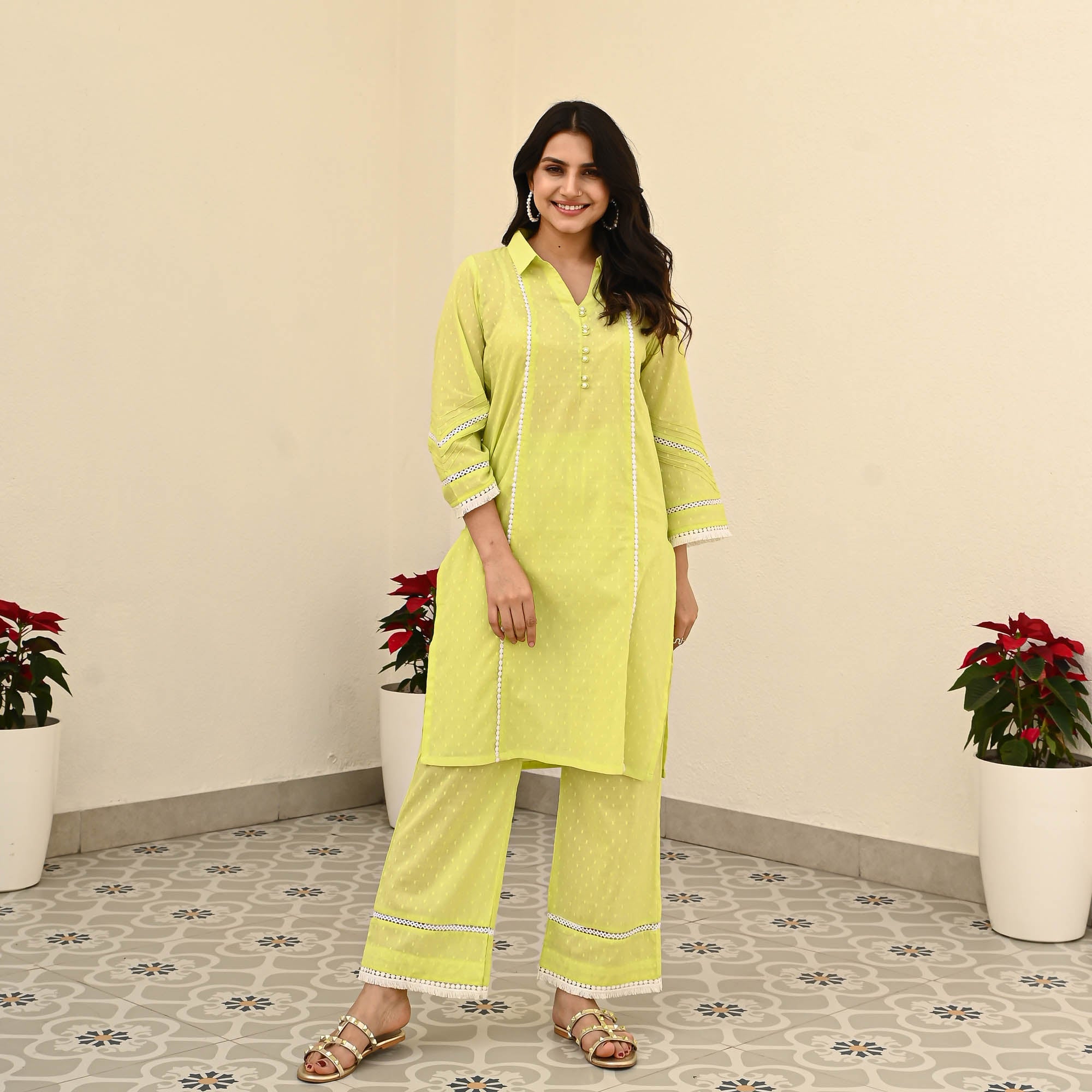 Bunaai Green Cotton Dobby Coord Set