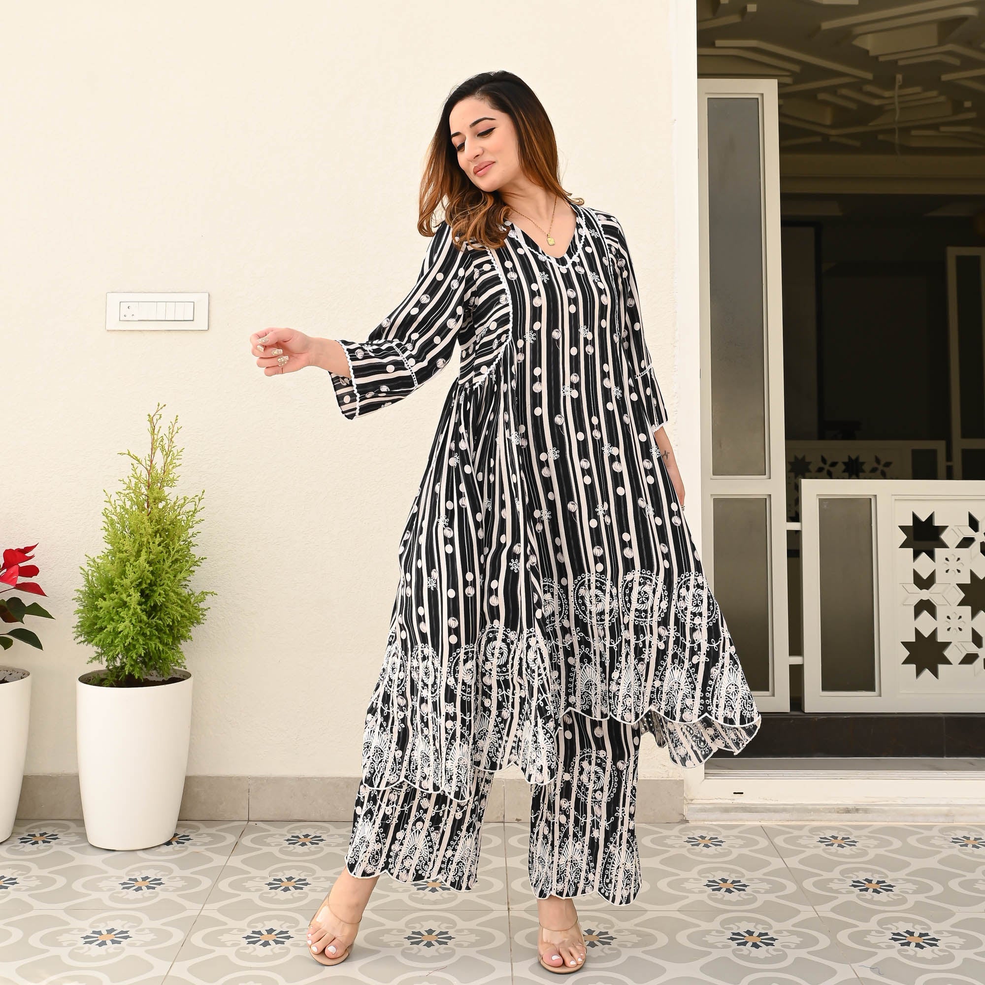 Bunaai Black Floral Schiffli Kurta Set