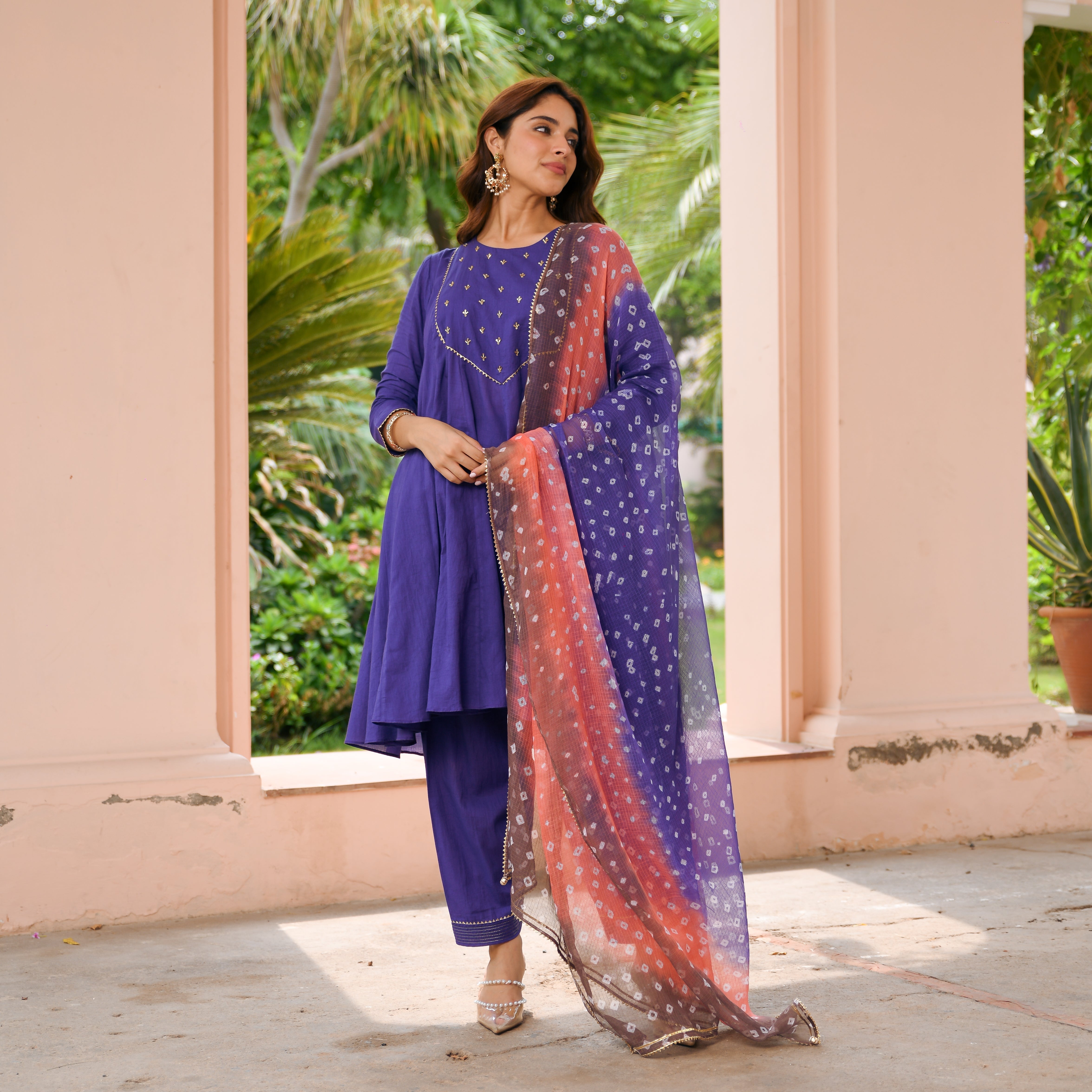 Purple Bandhej Cotton Suit Set