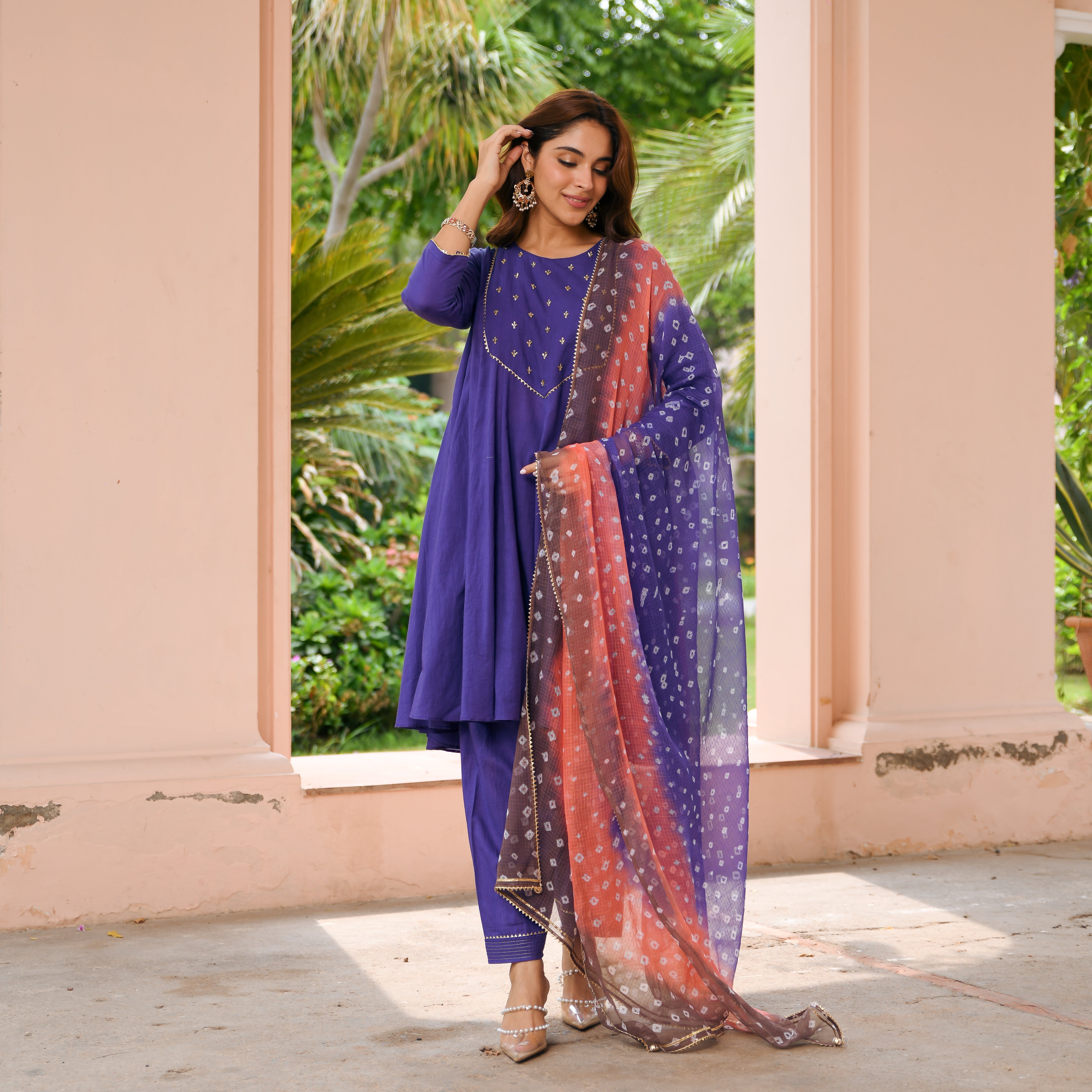 Purple Bandhej Cotton Suit Set
