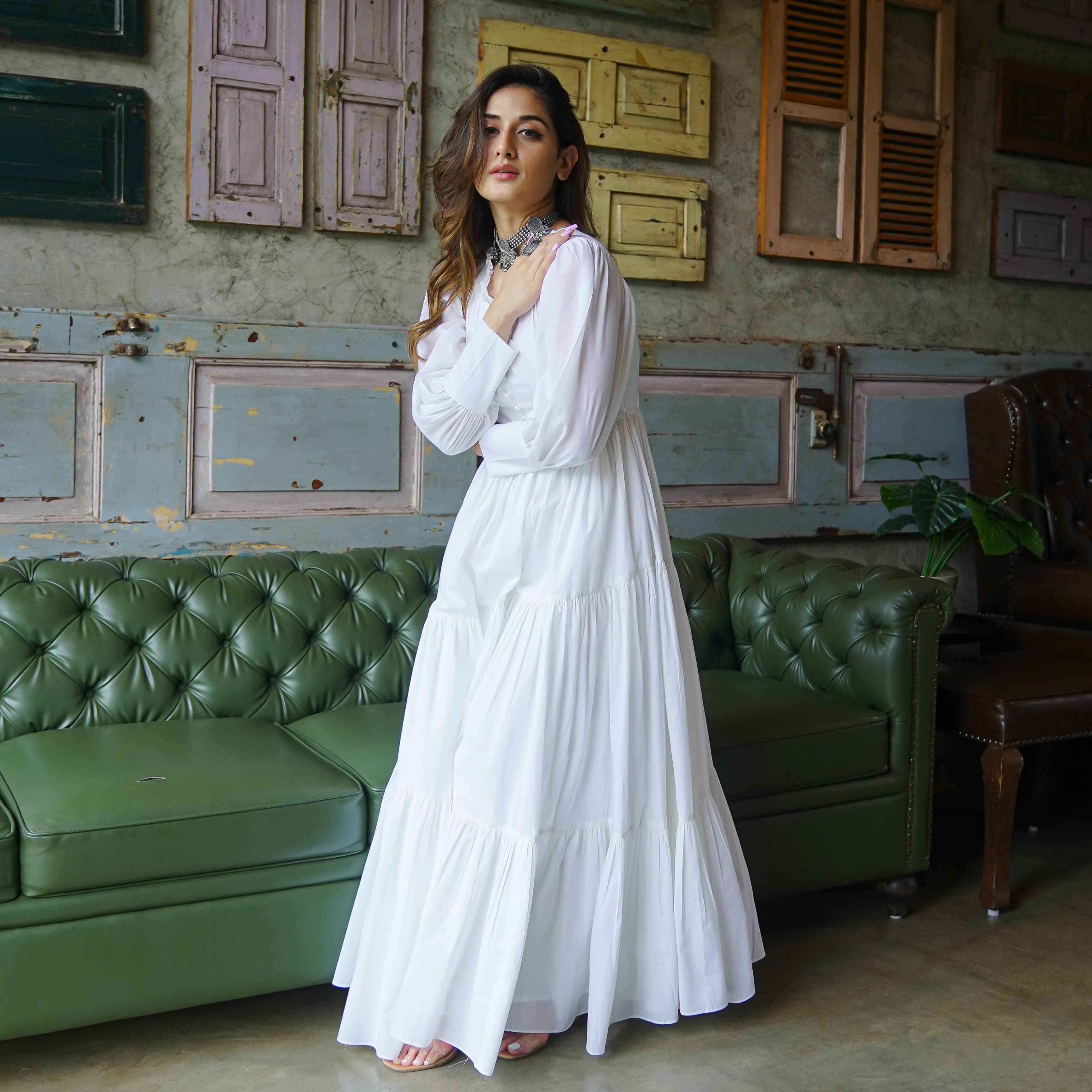 Bunaai Pure White Cotton Maxi Dress