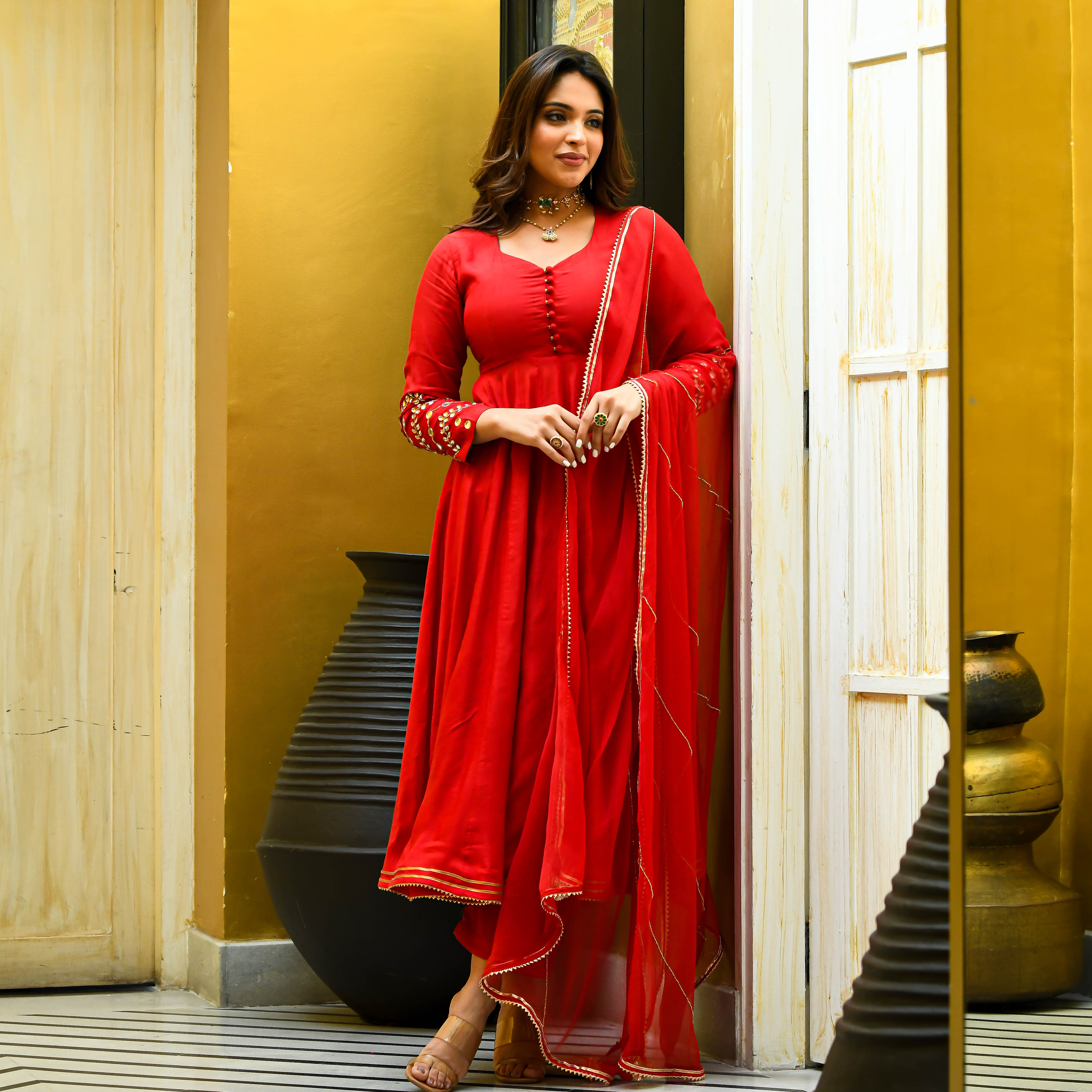 Red Mirror Work Suit Set