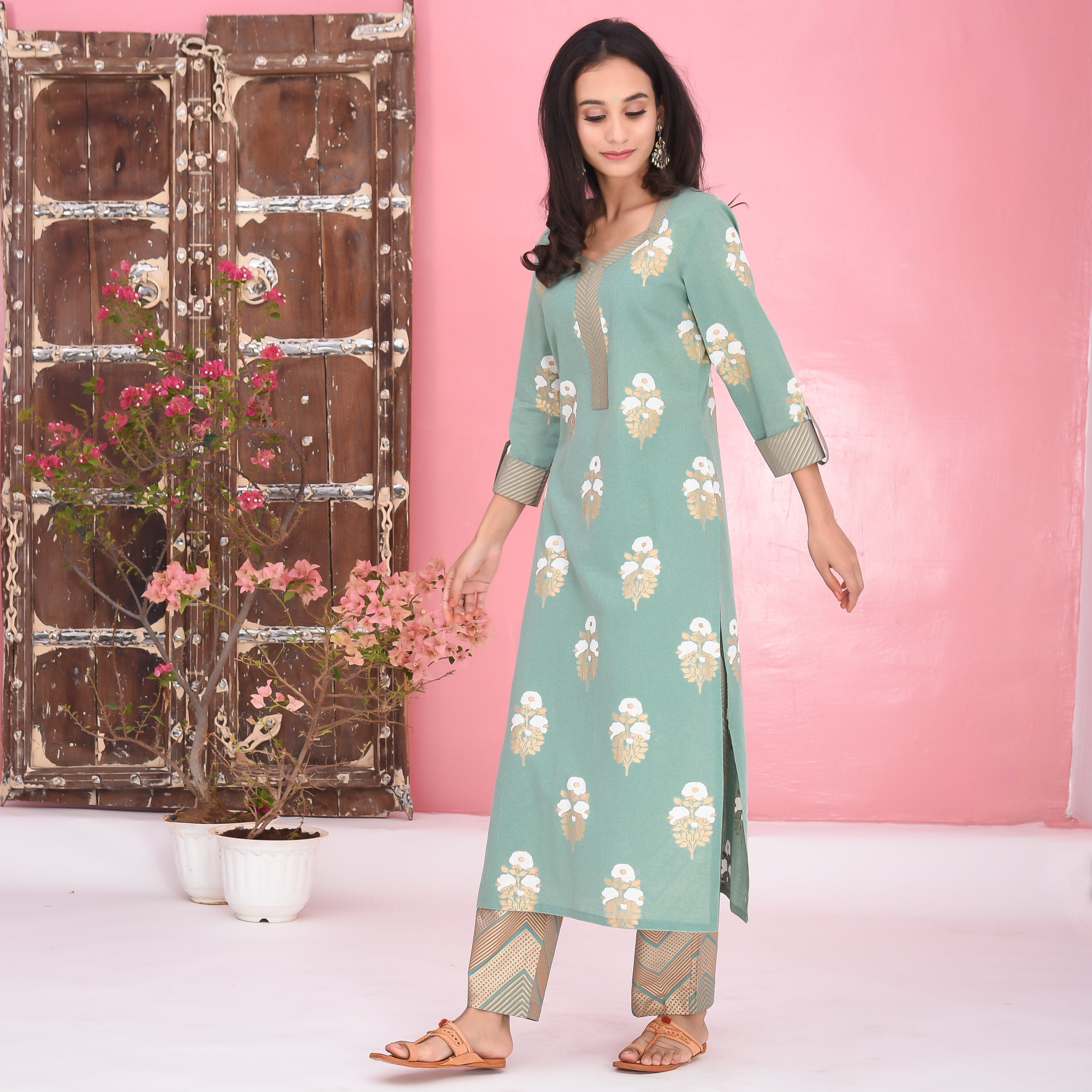 Bunaai Stripes Floral Cotton Kurta Set