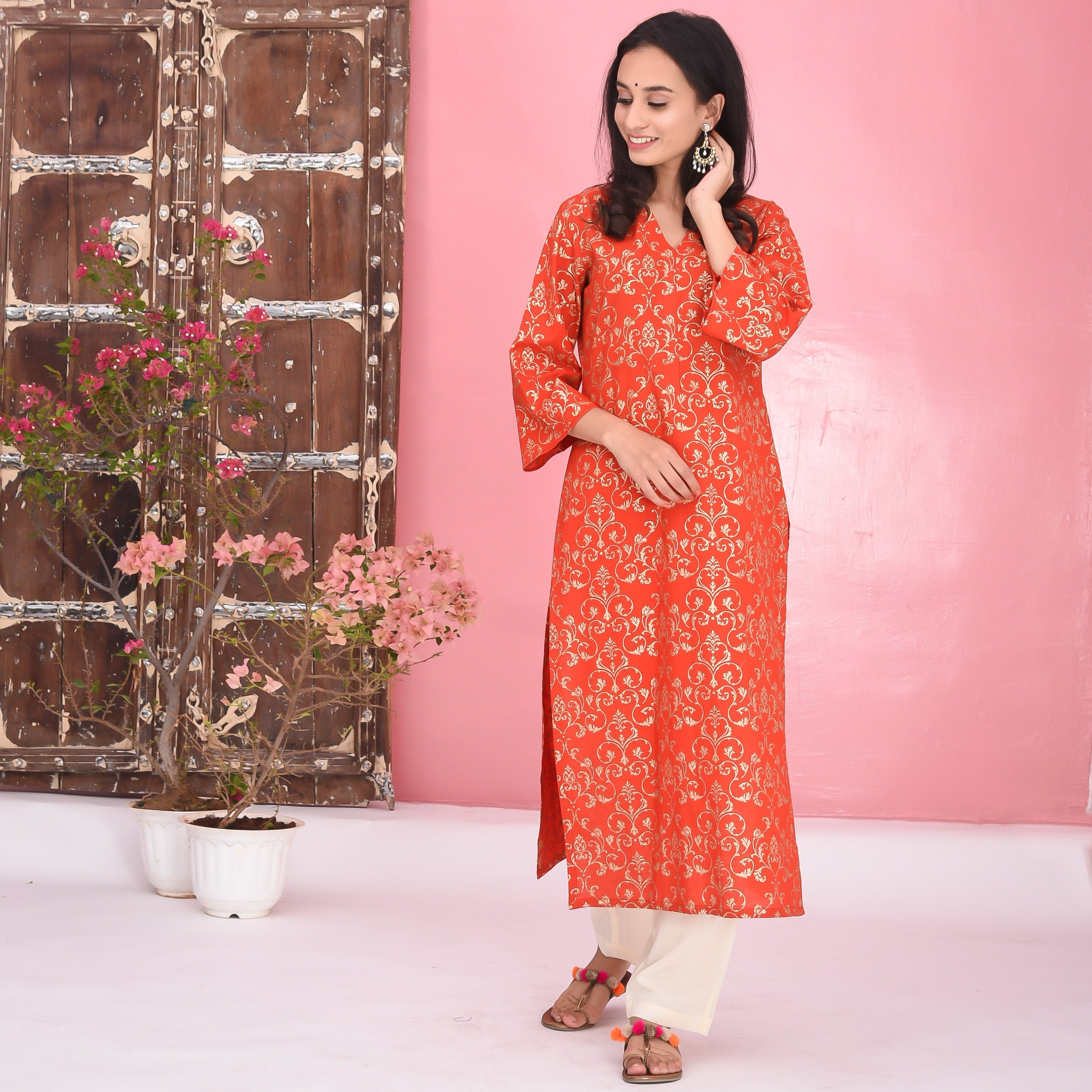Red Cream Cotton Kurta