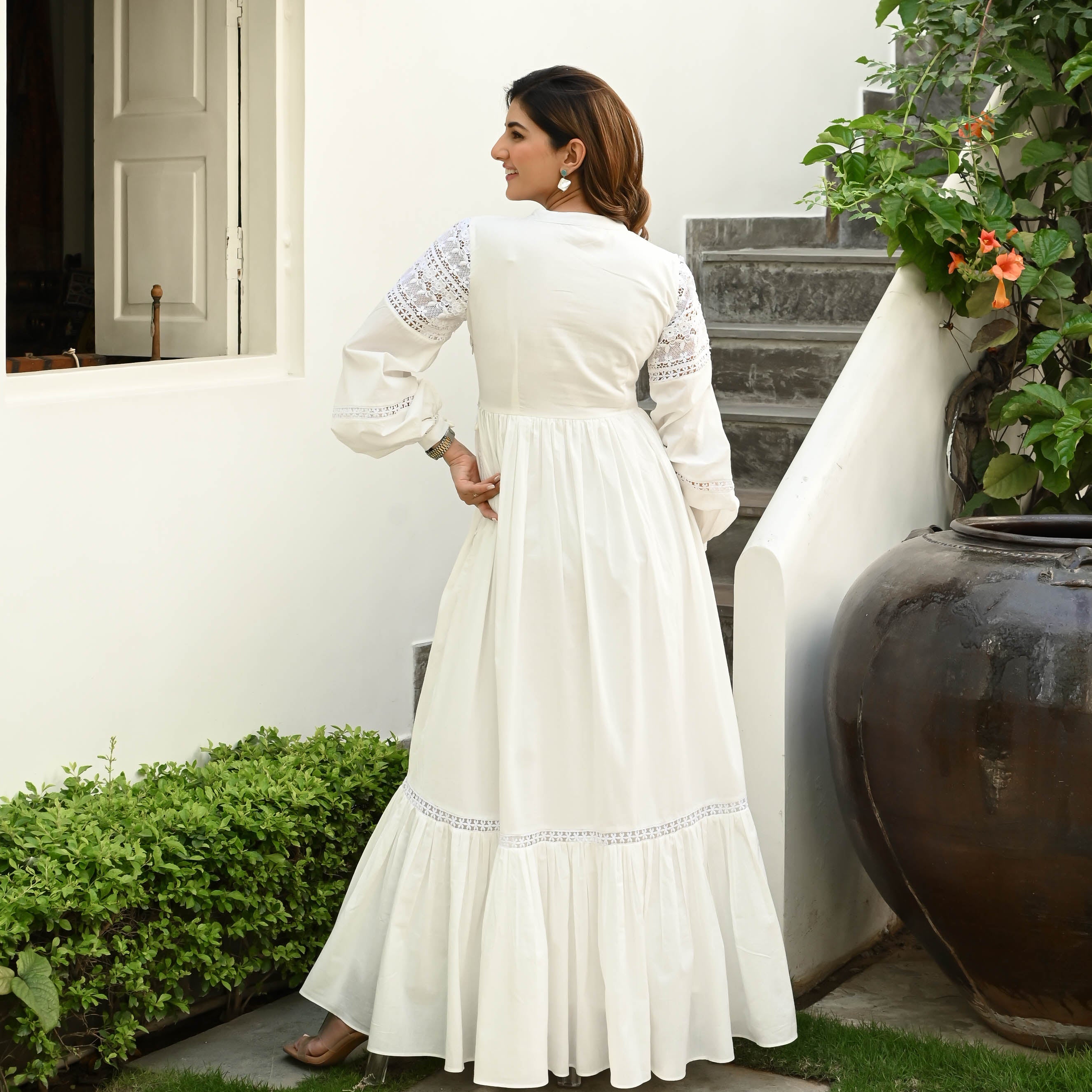 Bunaai Whimsical White Lace Cotton Dress