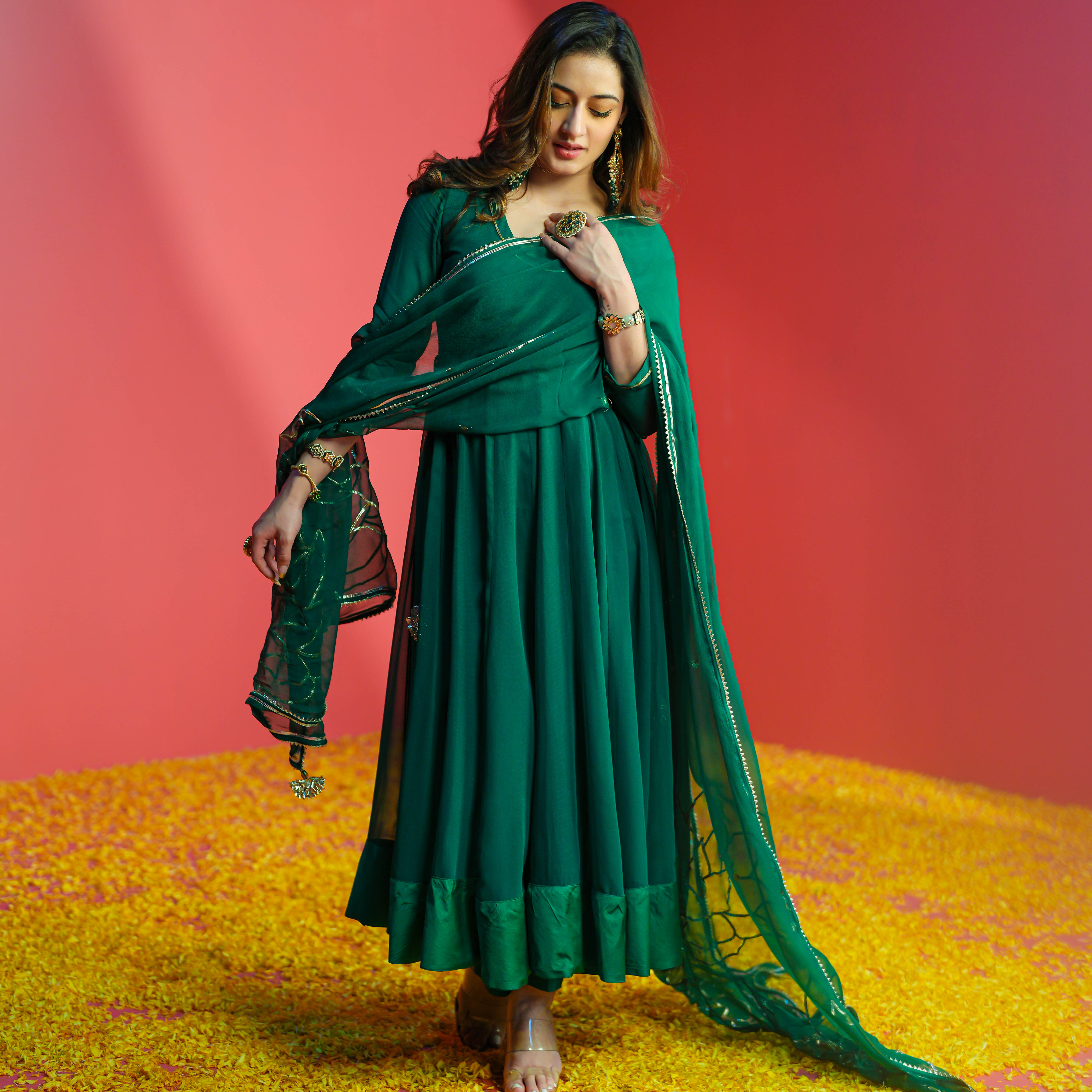Bunaai Emerald Green Georgette Suit Set