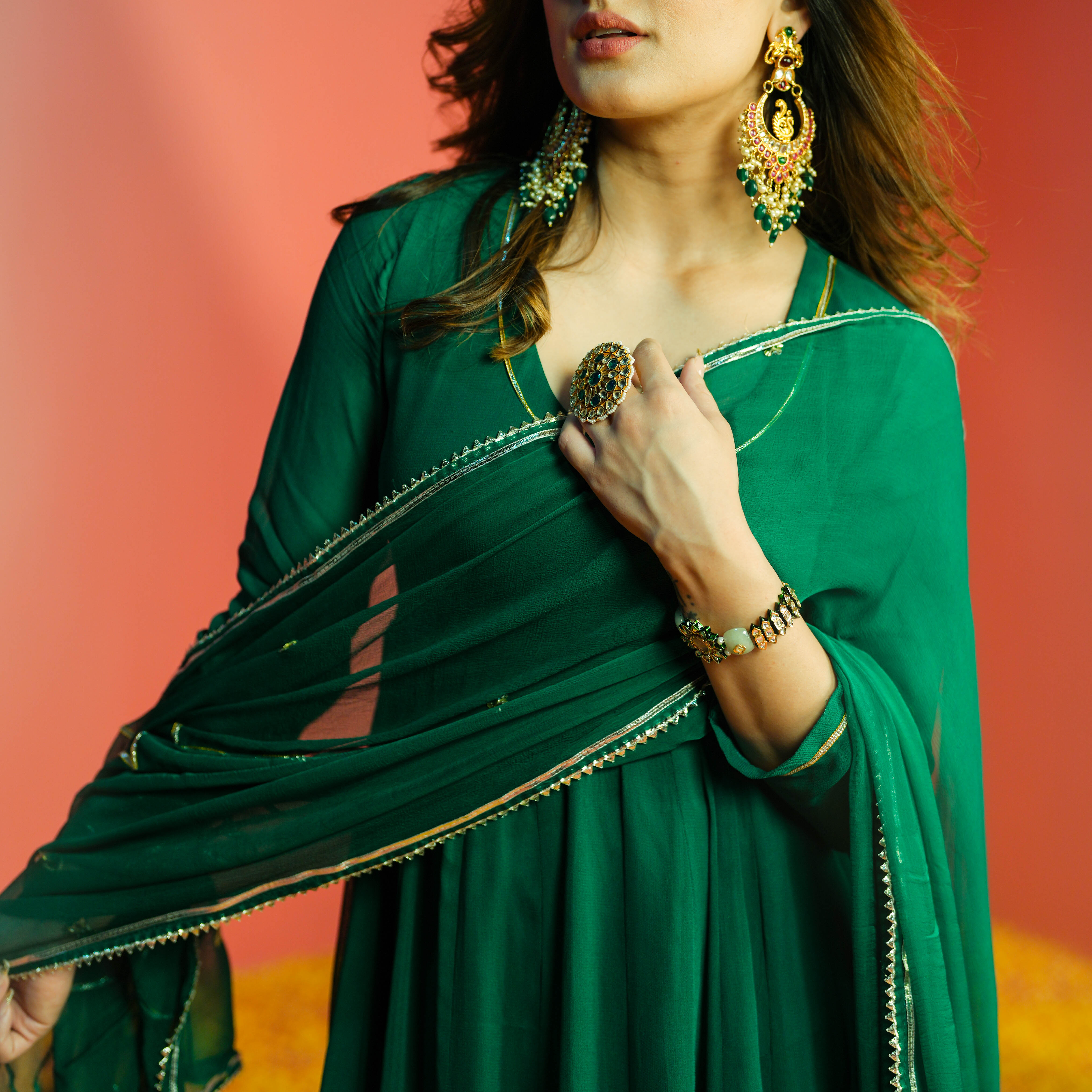 Bunaai Emerald Green Georgette Suit Set