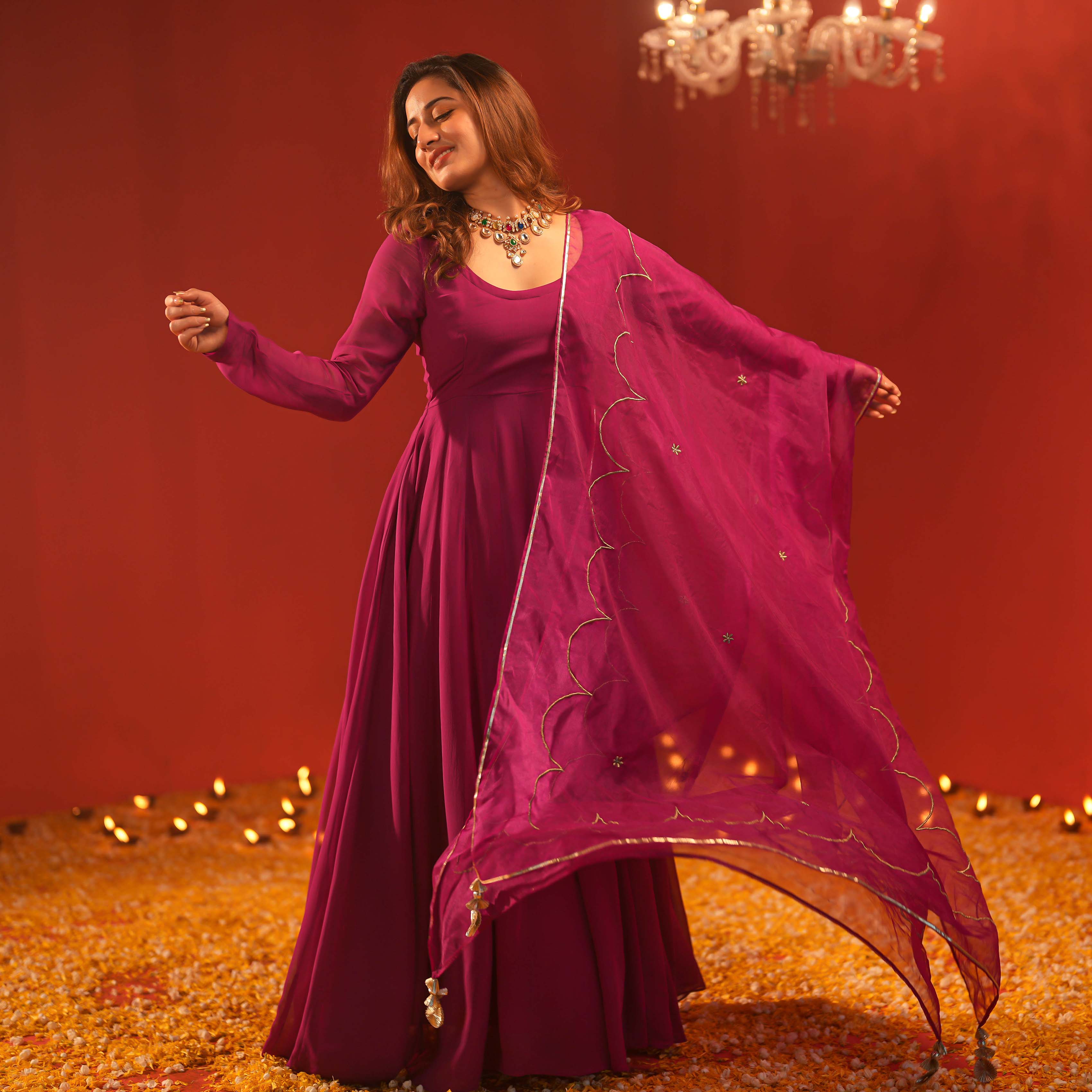 Bunaai Purple Dress with Dupatta
