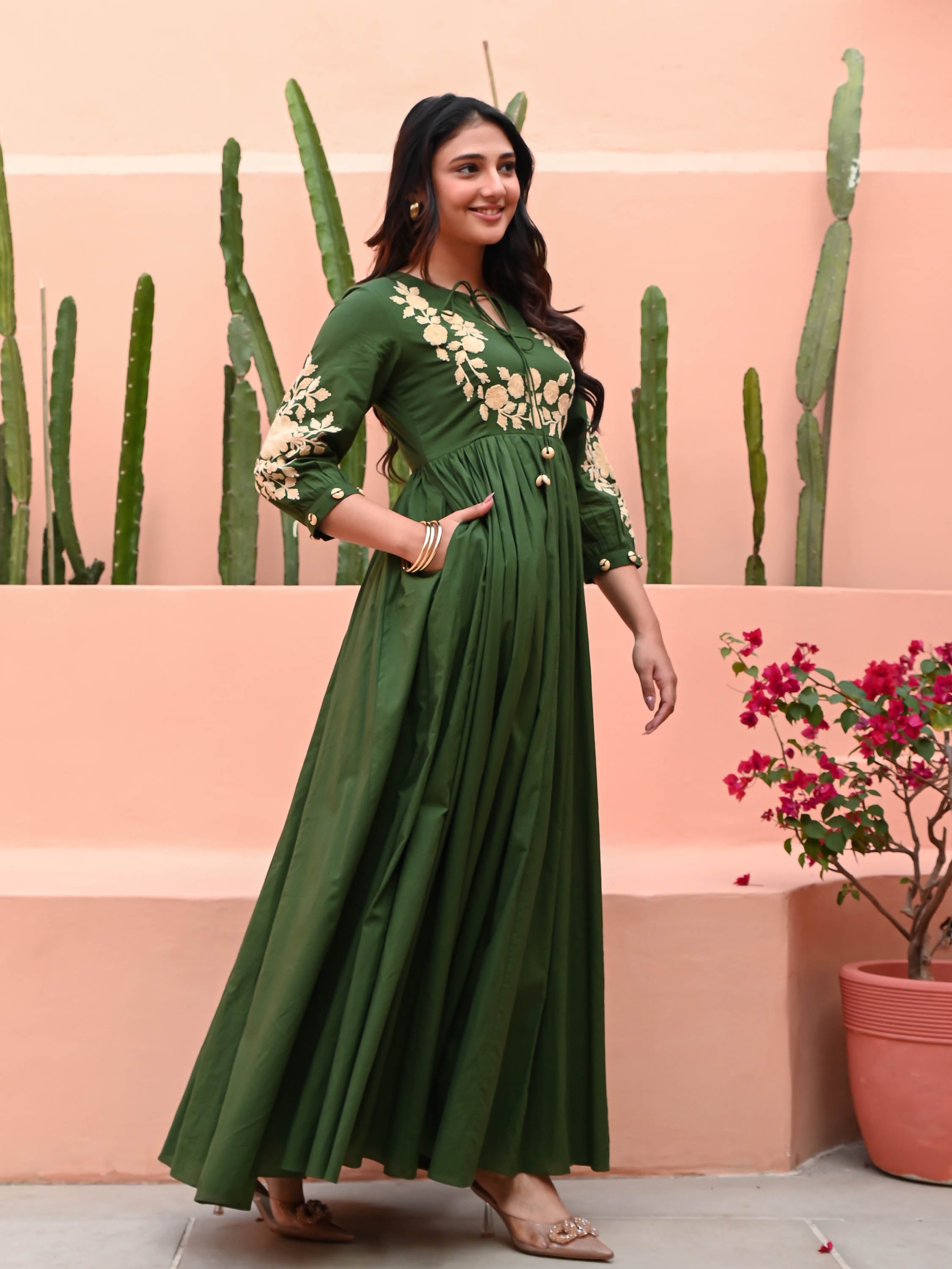 Dark Green Dress with Embroidery