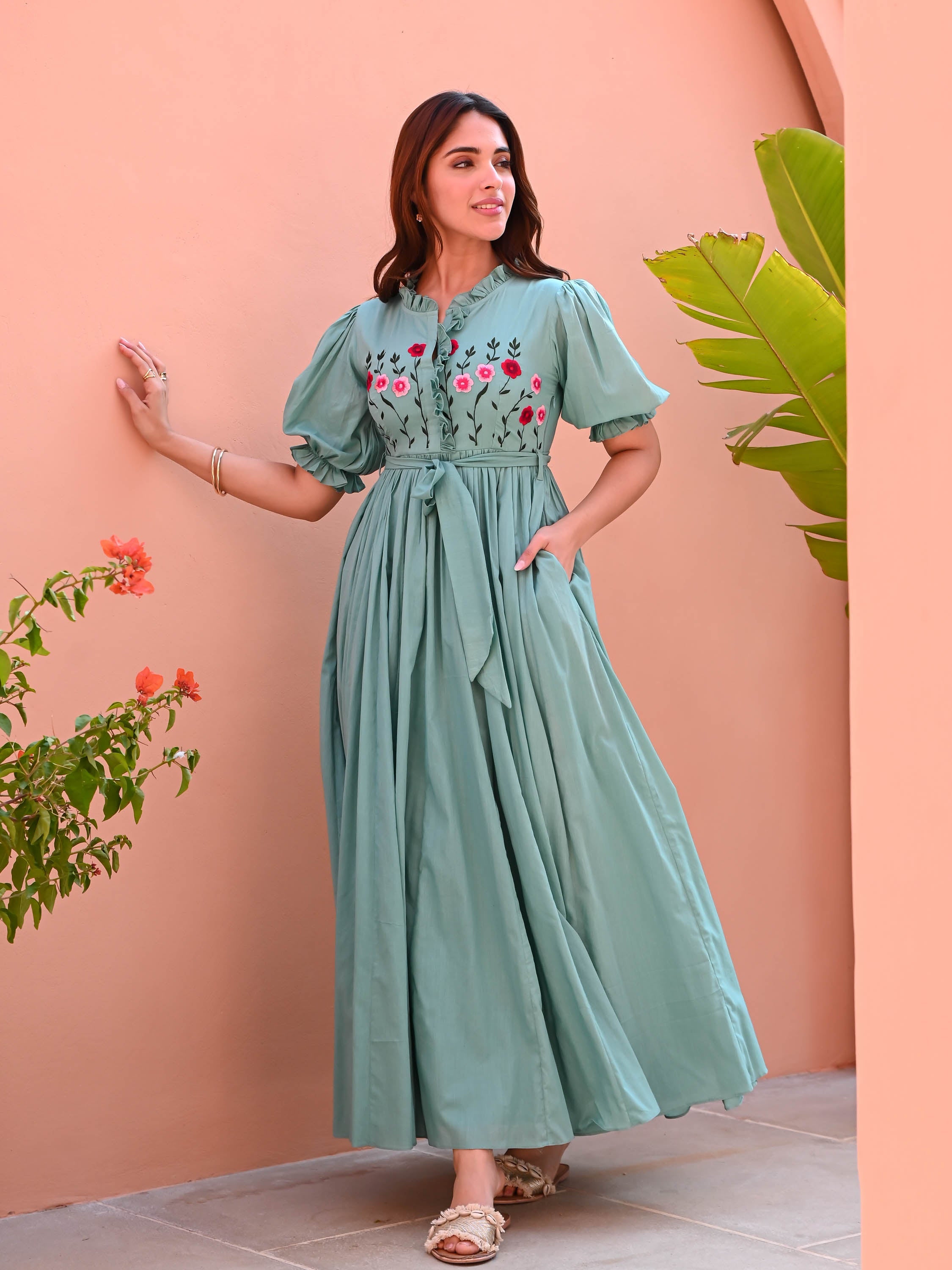 Mint Embroidered Cotton Dress