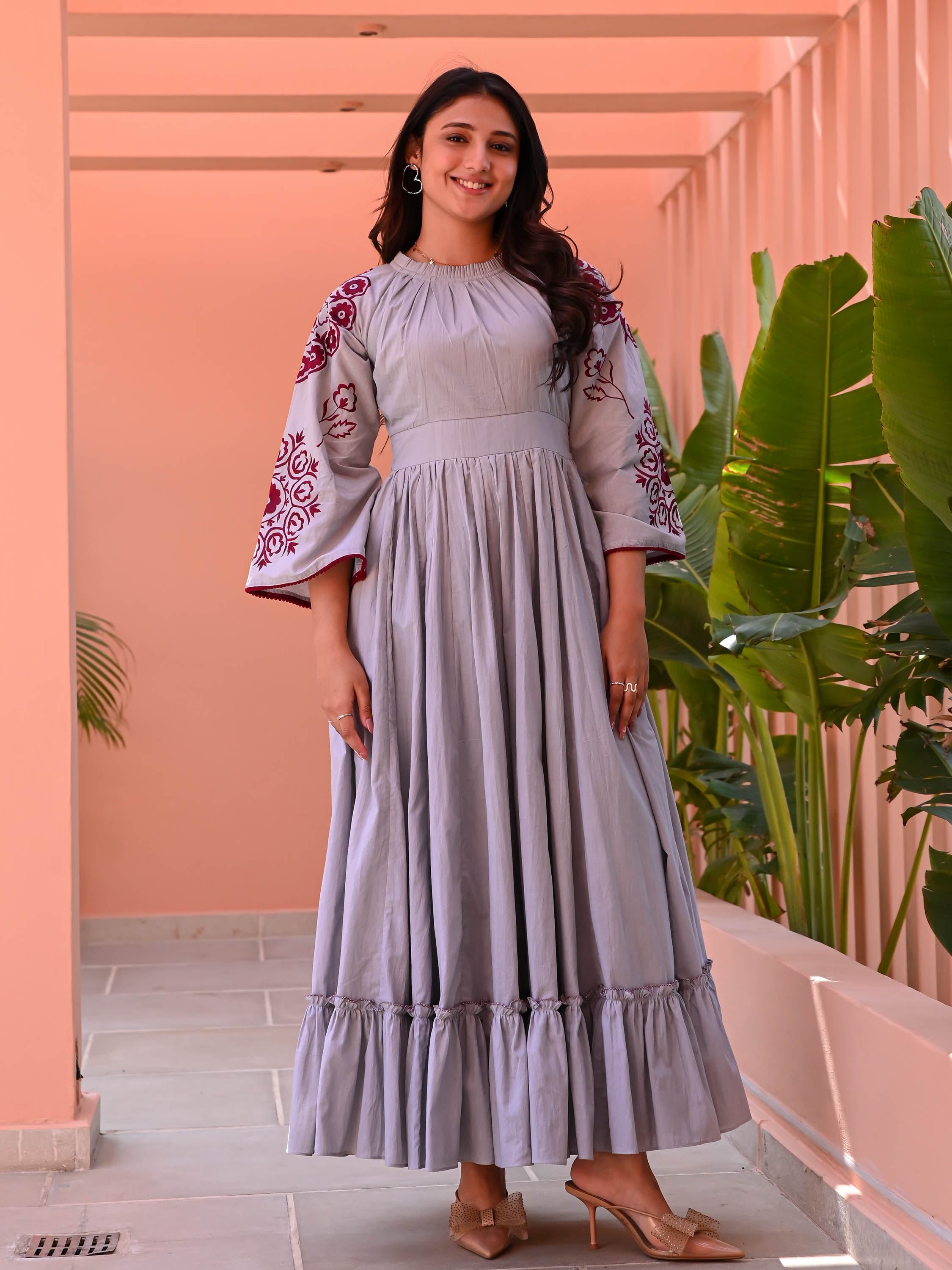 Grey Maroon Embroidered Cotton Dress
