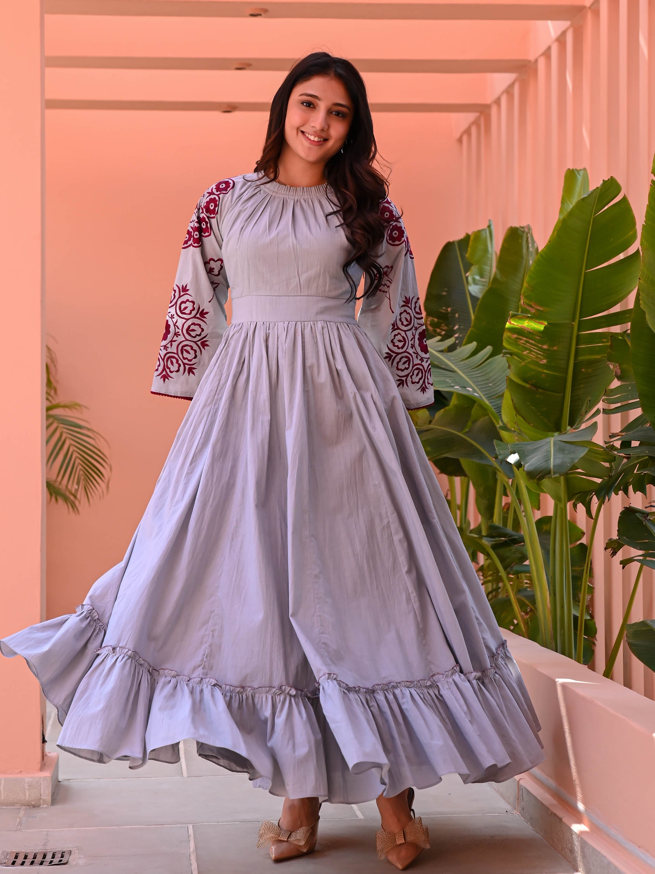 Grey Maroon Embroidered Cotton Dress
