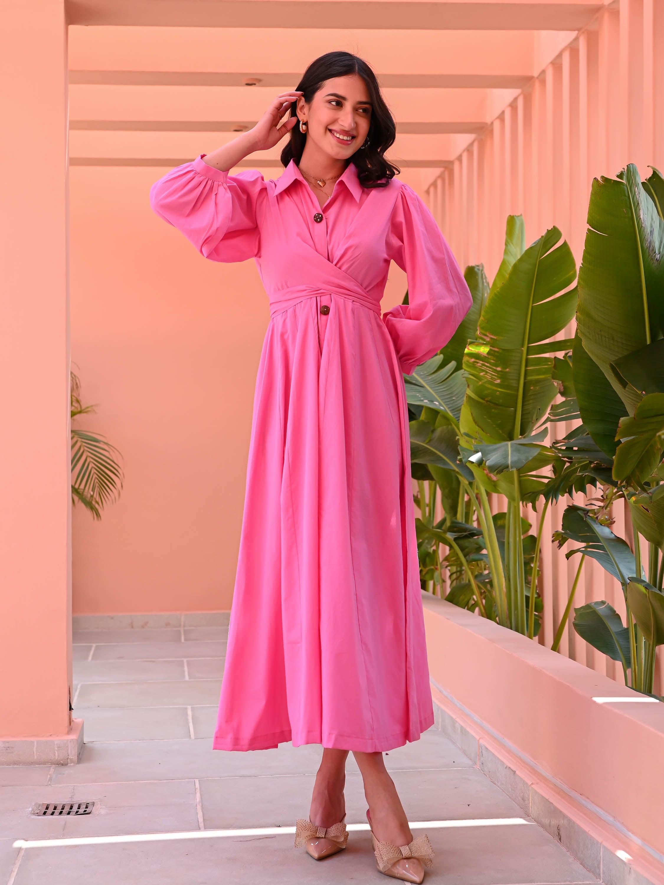 Bubblegum Pink Cotton Shirt Dress