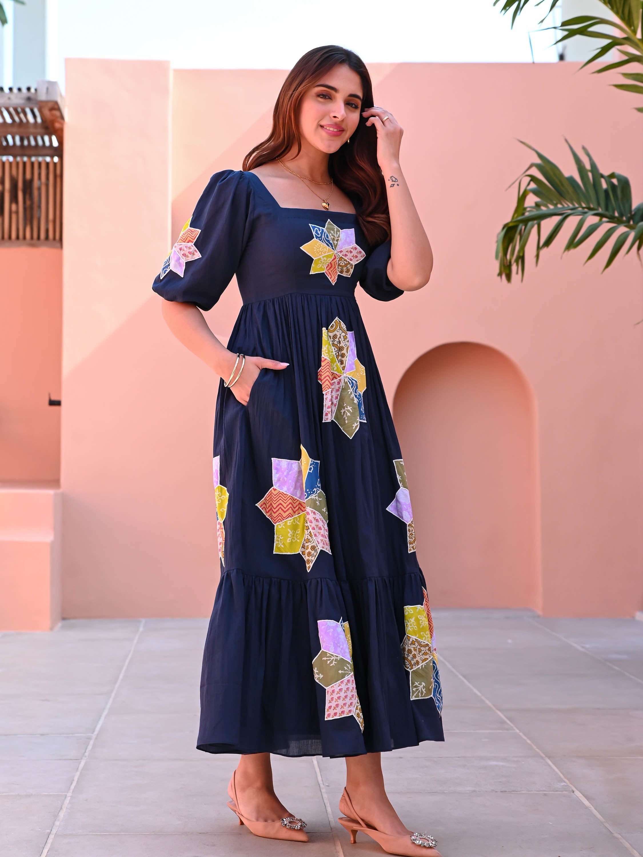 Blue Patchwork Cotton Dress