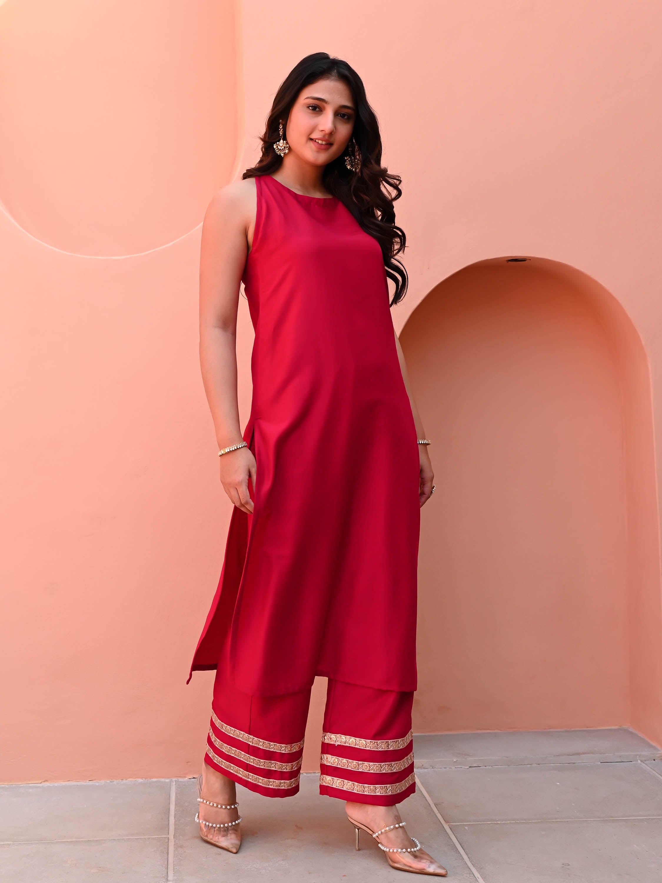 Red Cut Sleeves Kurta Set