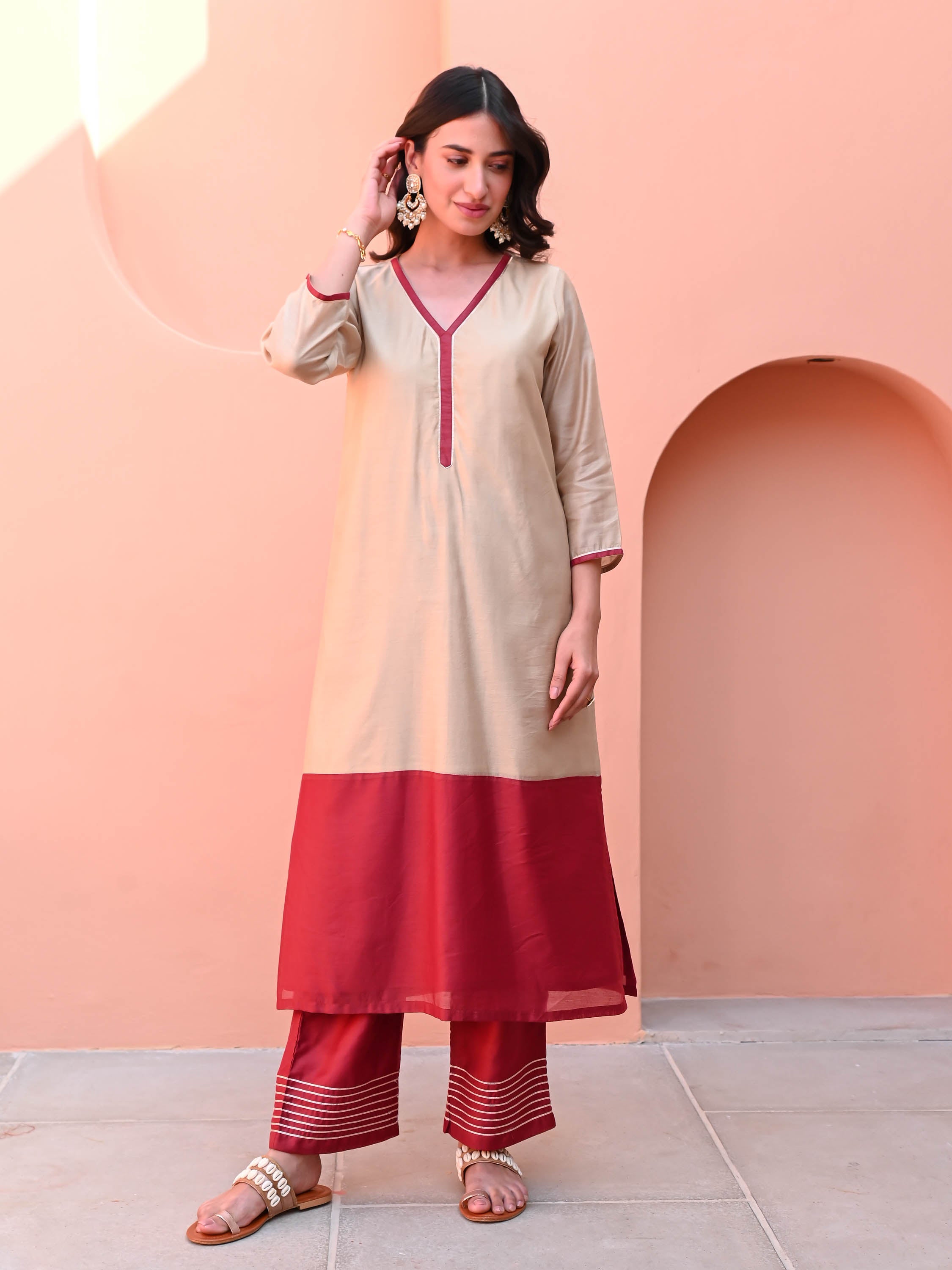 Maroon Beige Kurta Set